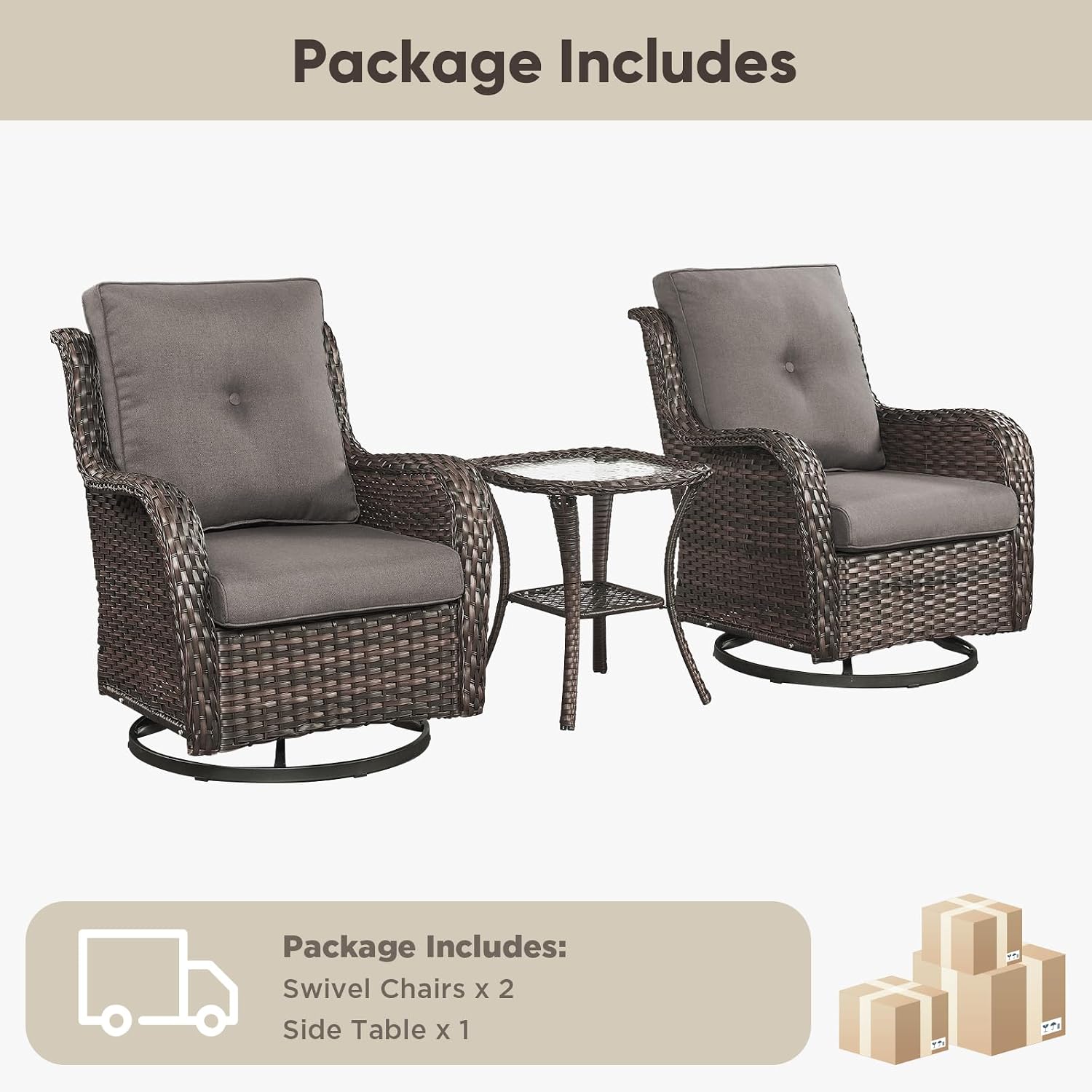 Belord Patio Wicker Chairs Swivel Rocker,Outdoor Patio Furniture Set with Rattan Side Table, All Weather Conversation Set for Porch Poolside Balcony, Brown Wicker/Gray