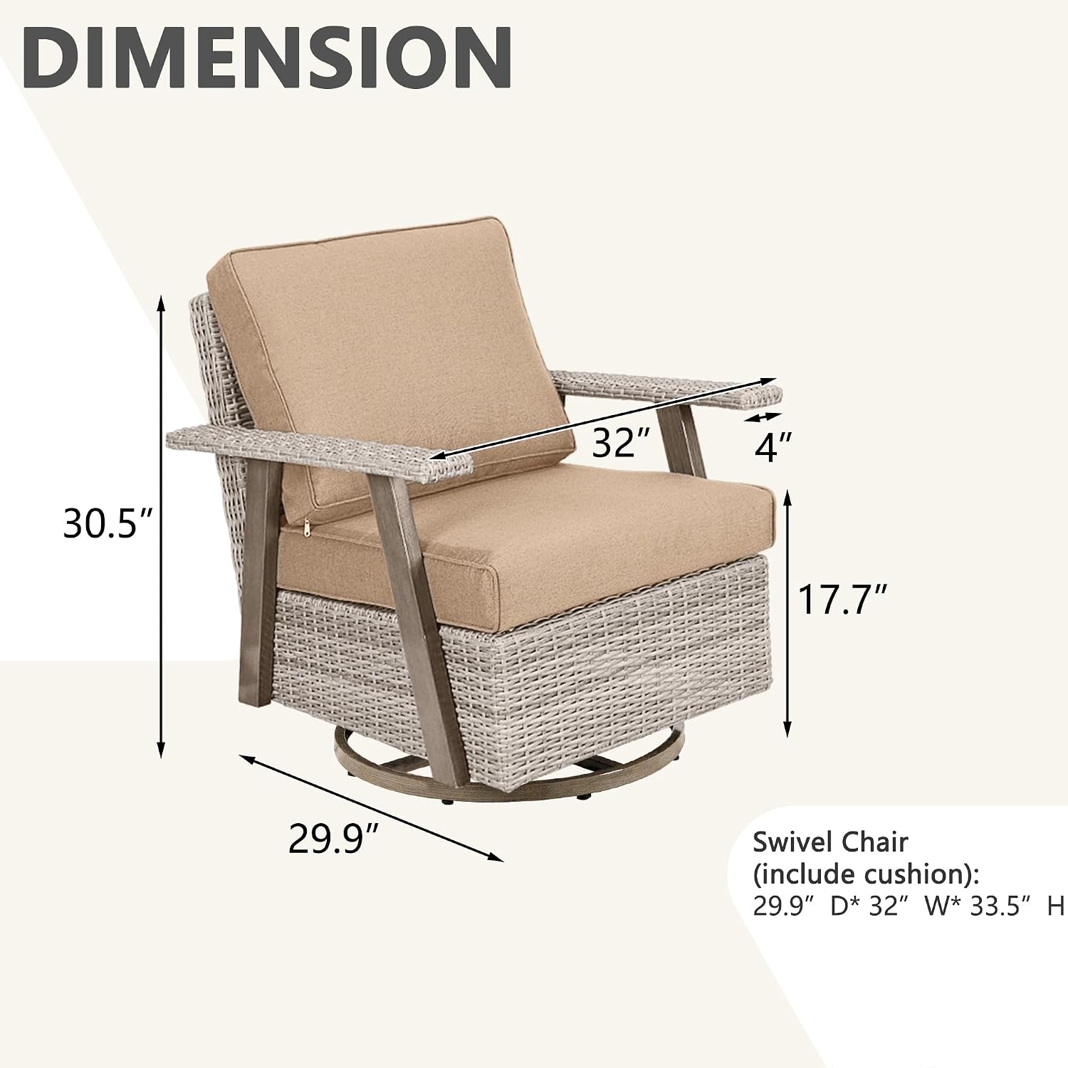 2 PCS Outdoor Patio Furniture Set, Oversized Swivel Patio Chairs Set of 2, Outdoor Swivel Rocking Glider Chairs Set, Brown/Taupe PE Wicker Rocking Chair with Brown Cushion for Porch Garden