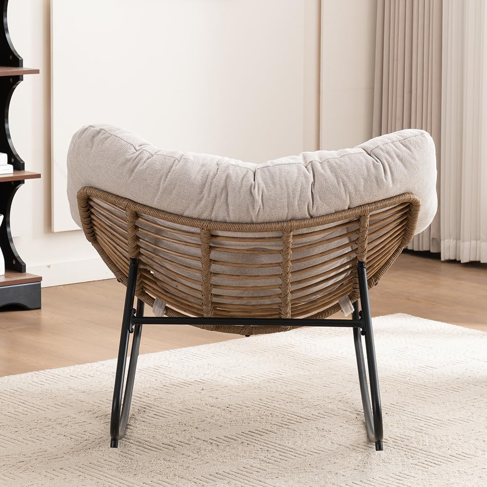 Outdoor Papasan Chair, Oversized Rocking Chair with Cushion and Metal Frame, Patio Lounge Rocking Chair for Balcony Backyard Porch Bedroom Living Room (Light Beige)