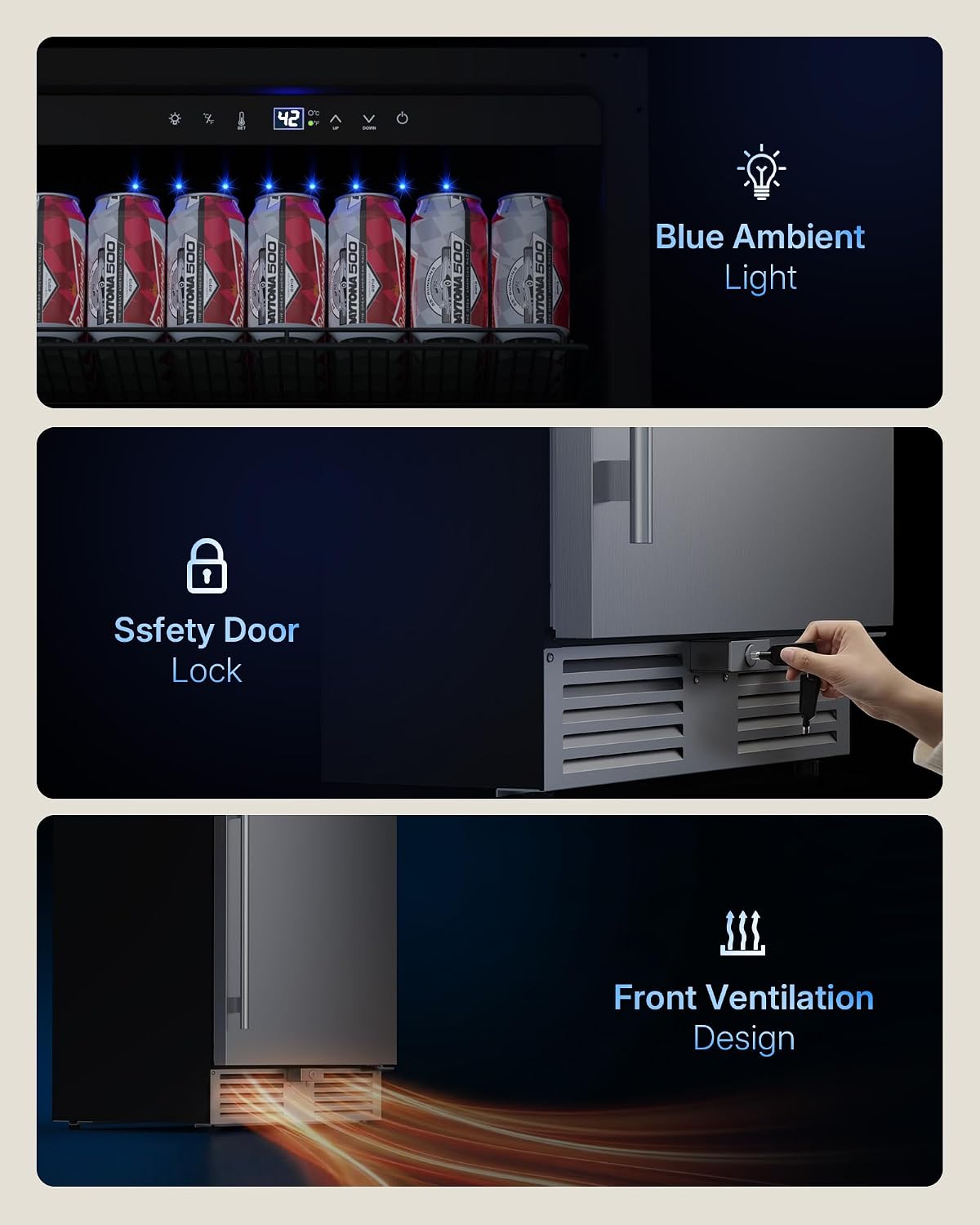 Upstreman 24 Inch Outdoor Refrigerator, 170 Can Under Counter Refrigerator with Stainless Steel Door, Weatherproof, LED Light, Beverage Fridge for Home, Patio or Commercial Use-BR50