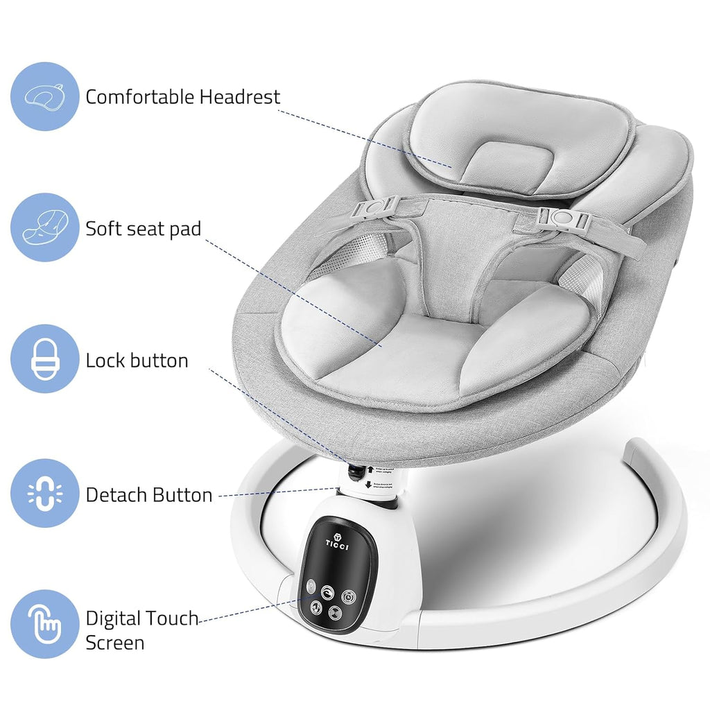 T TICCI Baby Swings for Infants, 5 Speed Bluetooth Baby Bouncer, Motorized Bluetooth Swing, Built-in 3 Timer Settings, Music Speaker, Remote Control, 0-6 Months, Grey