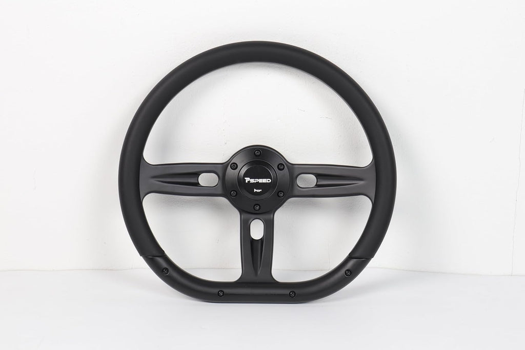 14 inch D-shaped steering wheel,6 Bolt 3 Spokes Deep Dish 50mm with Aluminum Alloy Matte Black Spokes Black Leather Grip for Cars, for Racing Car, Classic Car steering wheel