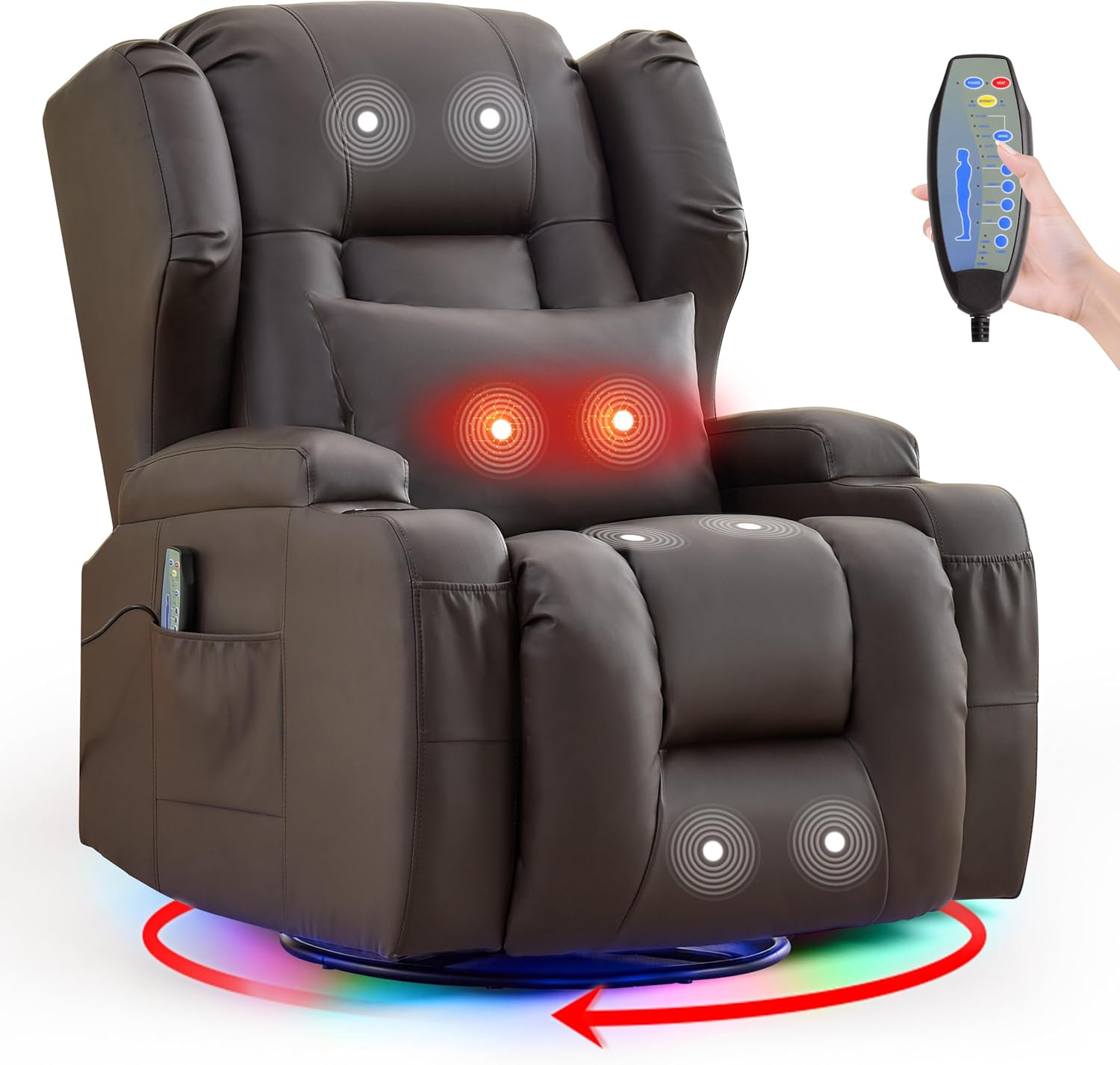 BINGTOO Dual Motor Power Swivel Rocker Recliner Chair with Massage & Heat, Electric Wall Hugger Glider Chair for Adults, Nursery with LED Lights, USB-C Ports & Cup Holders, Faux Leather Brown, 1 Chair
