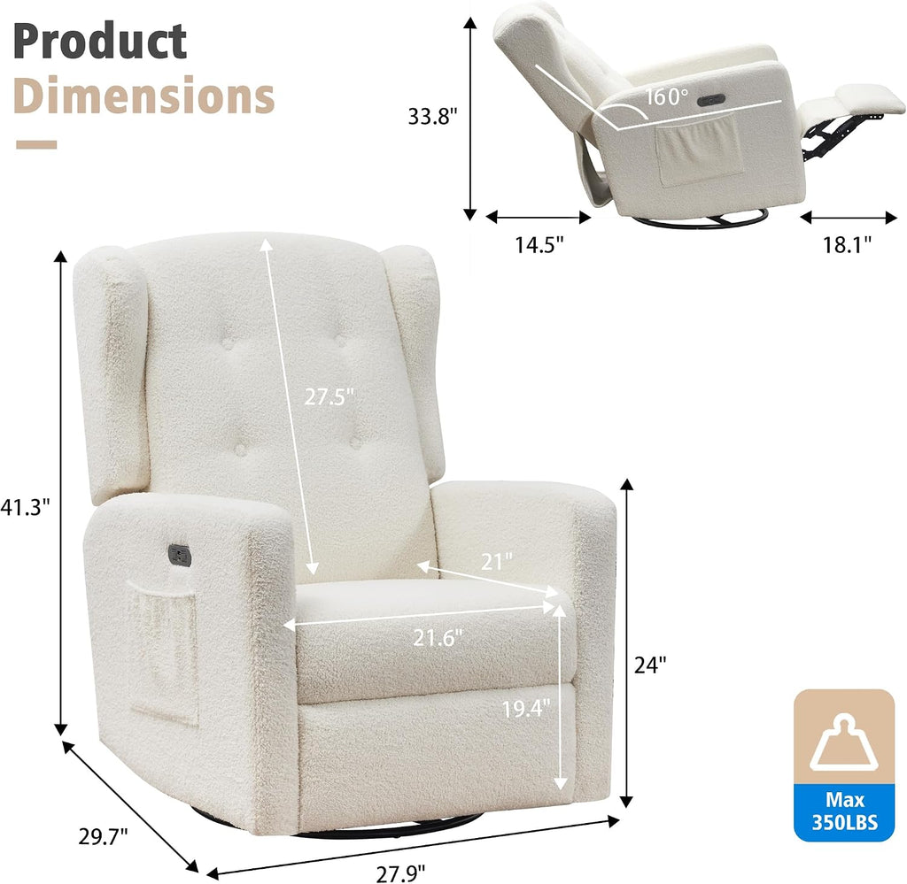 Swivel Rocker Power Recliner Chair for Nursery, 270° Swivel Glider Recliner with USB & Type-C Charging, Electric Reclining Chair with Storage Pockets, Upholstered Recliner for Living Room(Teddy Beige)
