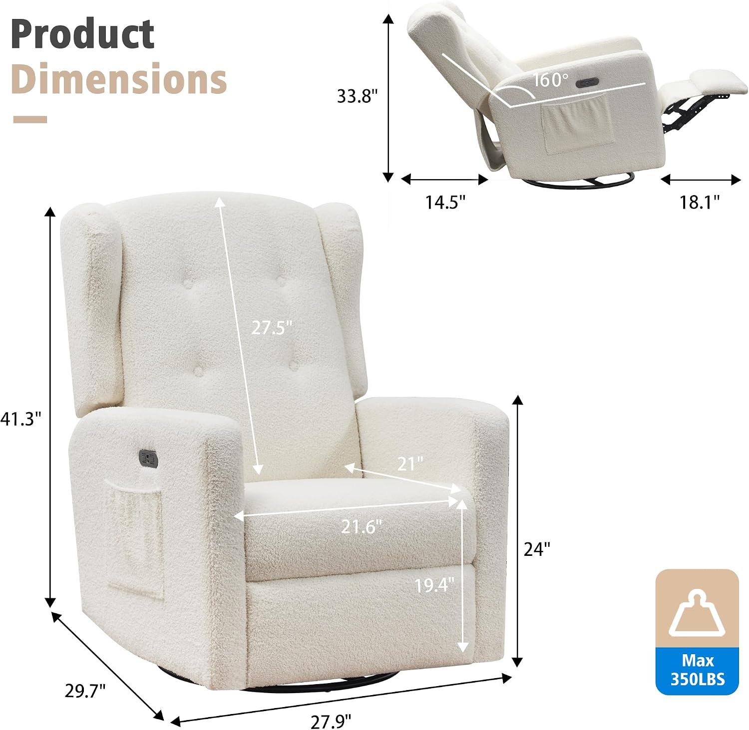 Swivel Rocker Power Recliner Chair for Nursery, 270° Swivel Glider Recliner with USB & Type-C Charging, Electric Reclining Chair with Storage Pockets, Upholstered Recliner for Living Room(Teddy Beige)