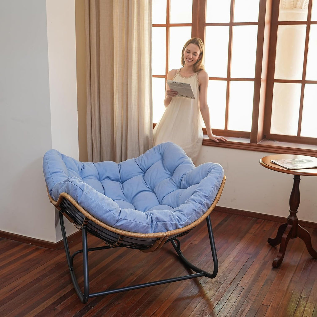 SWITTE Outdoor Rocking Chair, Indoor Papasan Rocking Lounge with Thick Cushion, Oversized Cozy Patio Rocker for Bedroom, Living Room, Porch, Garden, Lawn-Light Blue