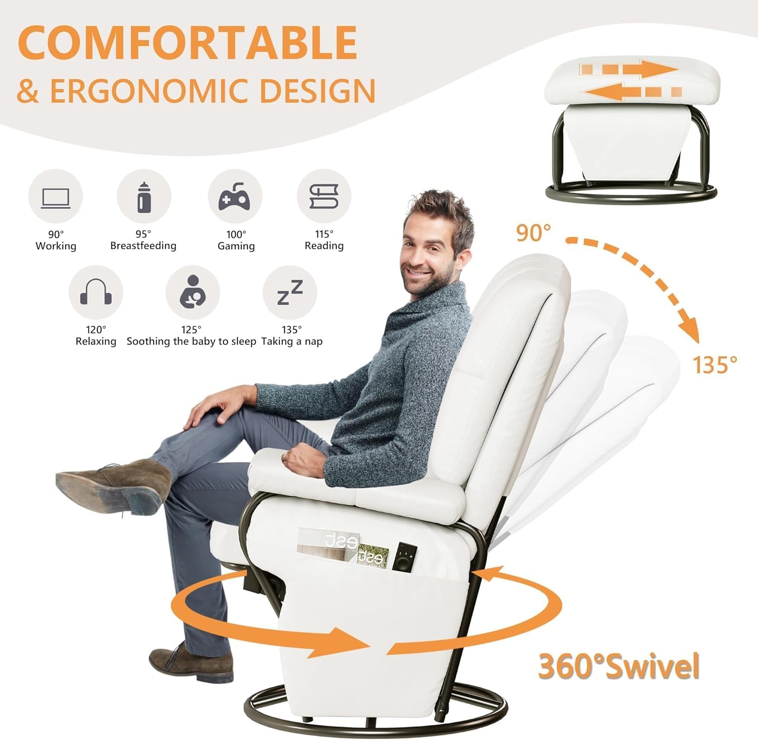 JIASTING 360° Swivel Leather Recliner Chair with Ottoman & Double Side Pockets, Nursing Glider Rocking Recliner Chair, Gliding Chairs for Nursery, Office, Living Room, Bedroom, Metal Frame (White)