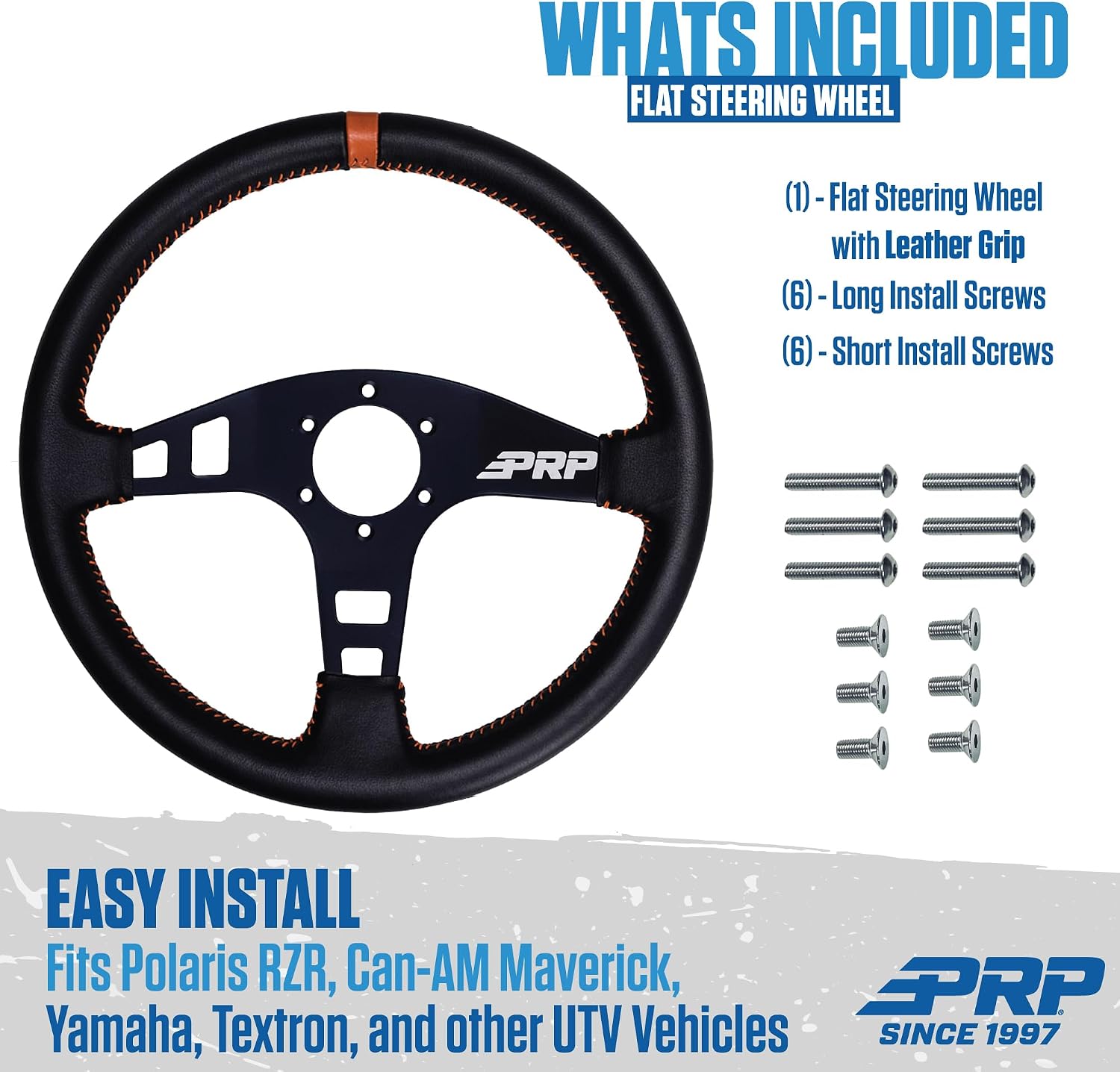 PRP Seats Flat Leather Grip Steering Wheel for Off-Road Racing, High-Strength Aluminum, Matte Blac