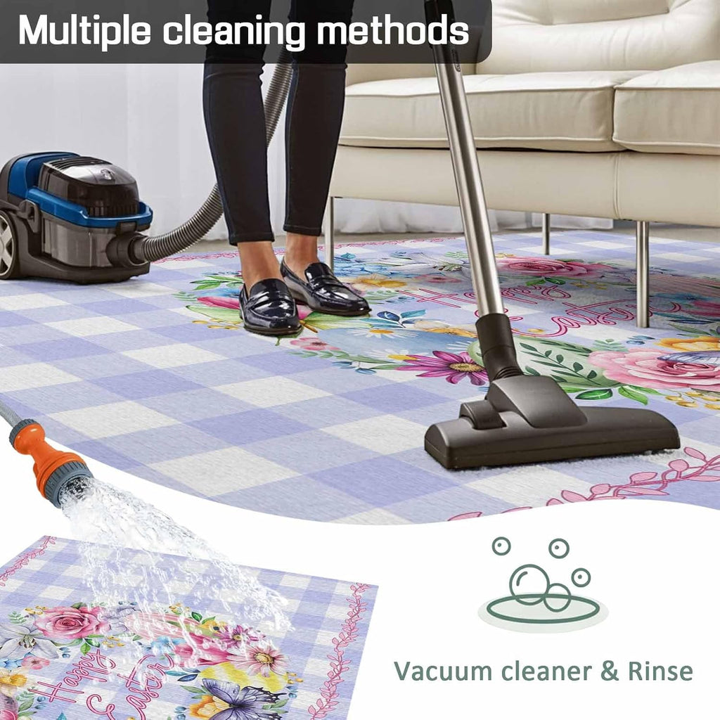 Happy Easter Outdoor Rug for Patio/Deck/Porch, Non-Slip Large Area Rug 5 x 7 Ft, Colorful Eggs Flowers Butterfly Purple Plaid Indoor Outdoor Rugs Washable Area Rugs, Camping Rug Carpet Runner