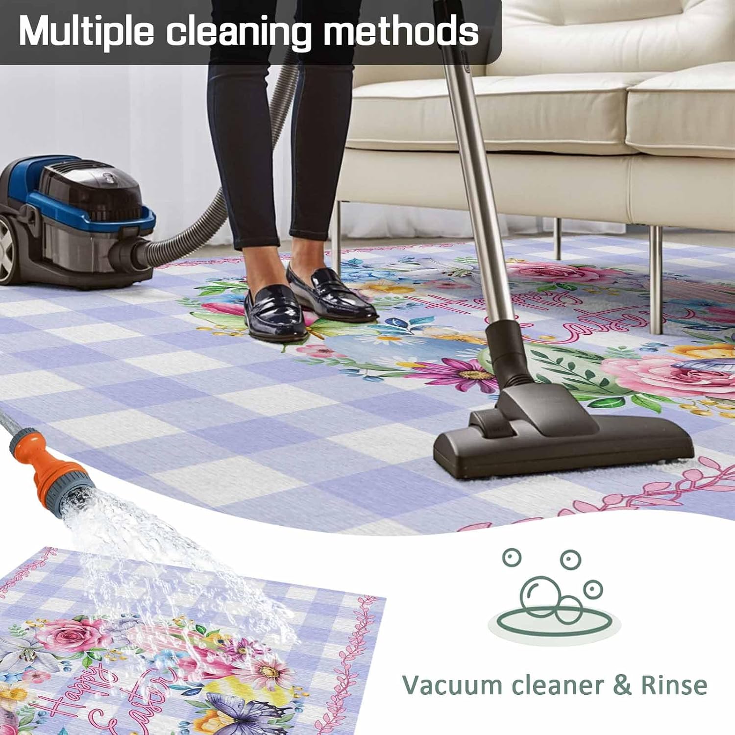 Happy Easter Outdoor Rug for Patio/Deck/Porch, Non-Slip Large Area Rug 5 x 8 Ft, Colorful Eggs Flowers Butterfly Purple Plaid Indoor Outdoor Rugs Washable Area Rugs, Camping Rug Carpet Runner