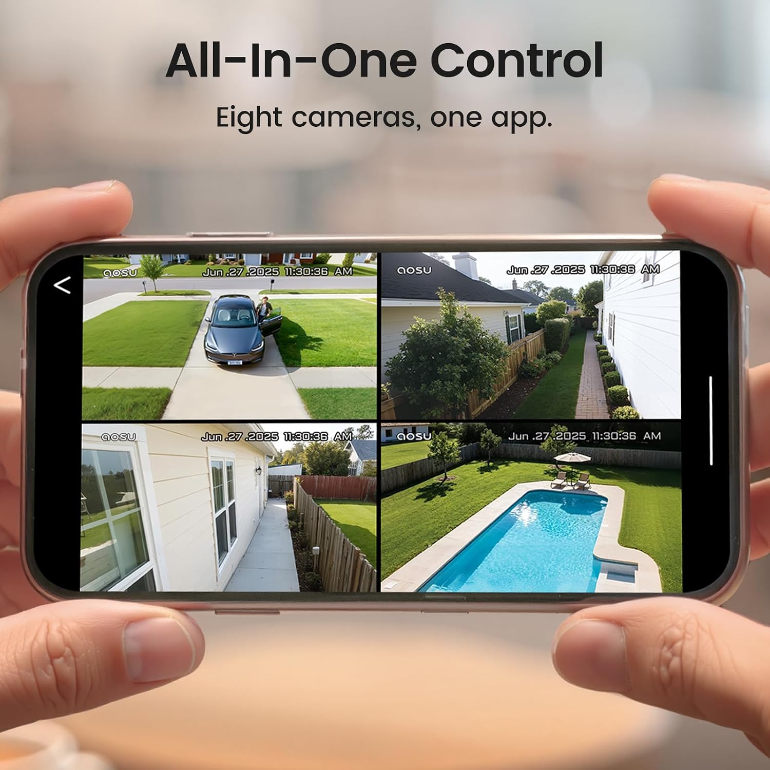 aosu D1 Classic 8-Cam Wireless Outdoor Security System, Solar Powered, 3K FullColor Night Vision, 360° PTZ, Smart AI Tracking, Local 32GB (Up to 16TB), One App Control, No Subscription Required