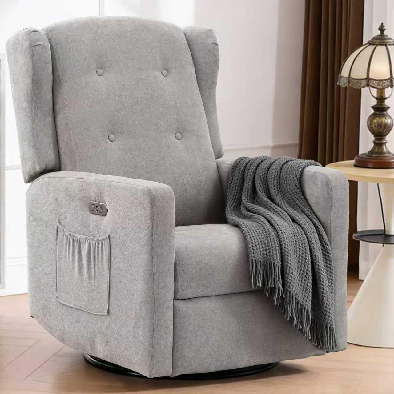 Swivel Rocker Power Recliner Chair for Nursery, 270° Swivel Glider Recliner with USB & Type-C Charging, Electric Reclining Chair with Storage Pockets, Upholstered Recliner for Living Room (Grey)