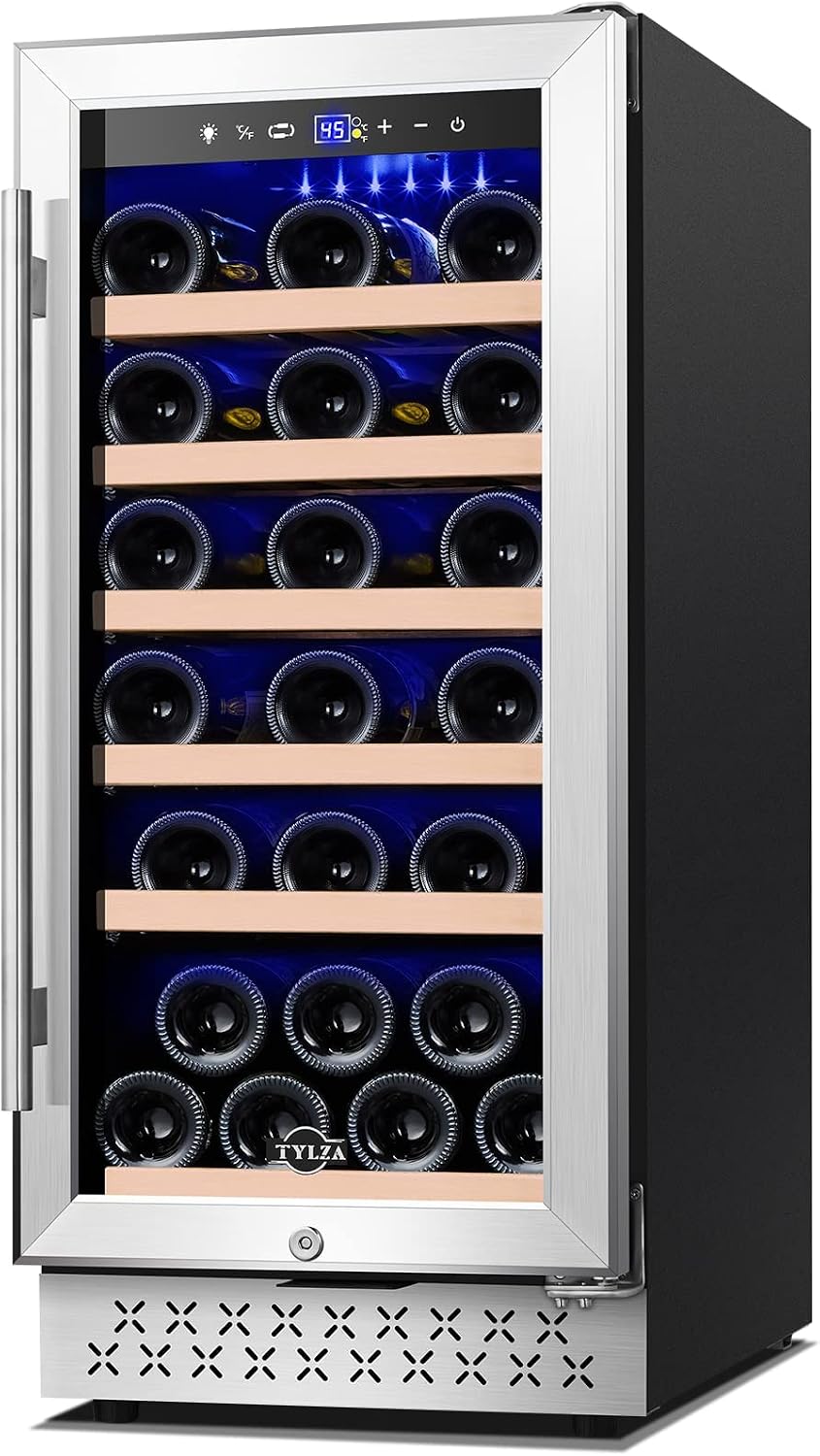 Tylza Wine Fridge 15'', 30 Bottles Wine Cooler Refrigerator, Undercounter or Freestanding, Removable Shelves, 40-65°F, Wine Cabinet with Double Glass Door, Wine Cooler for Home, Kitchen, Bar