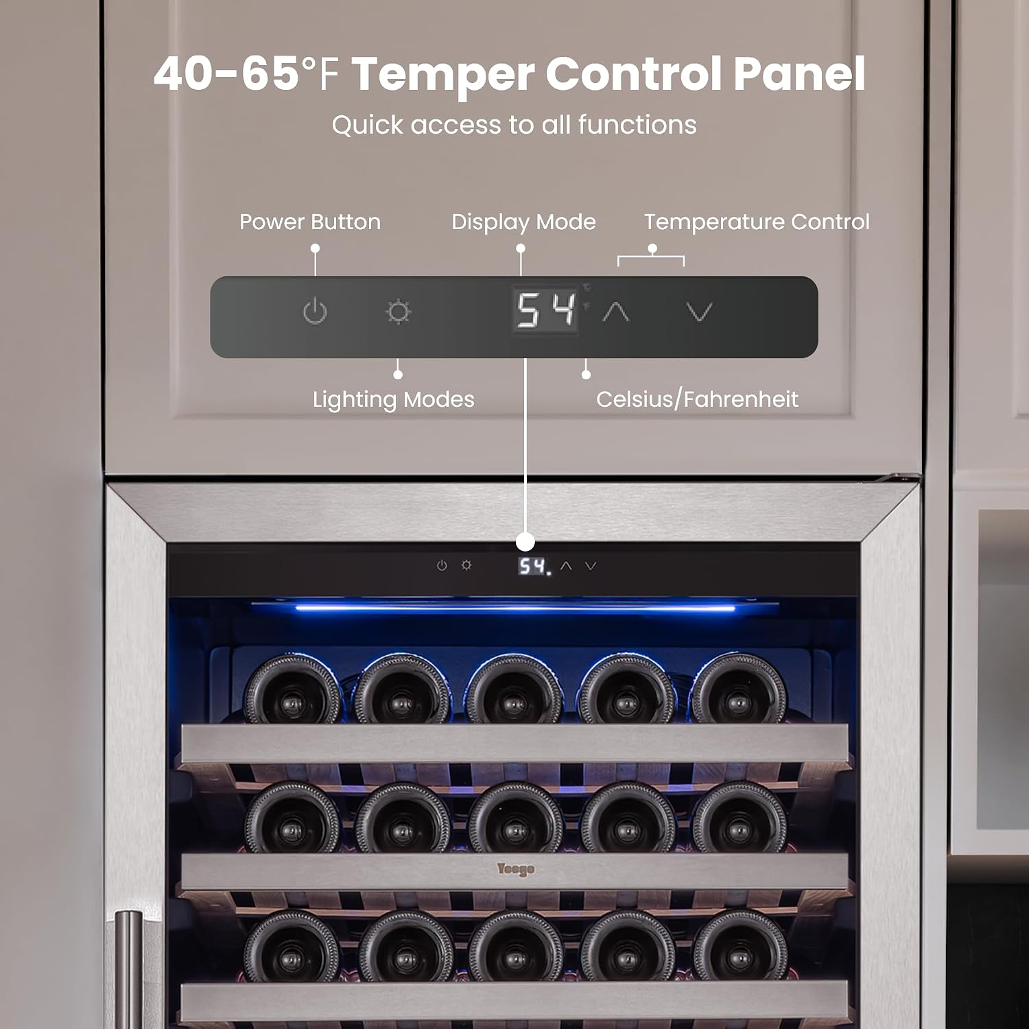 Yeego 24 Inch Wine Cooler Fridge – Wine Refrigerator 40°F-65°F, 304 Stainless Steel Glass Door Lock, Temperature Memory Blue & White LED Built-in Fridge with Adjustable Shelves (165 Bottle)