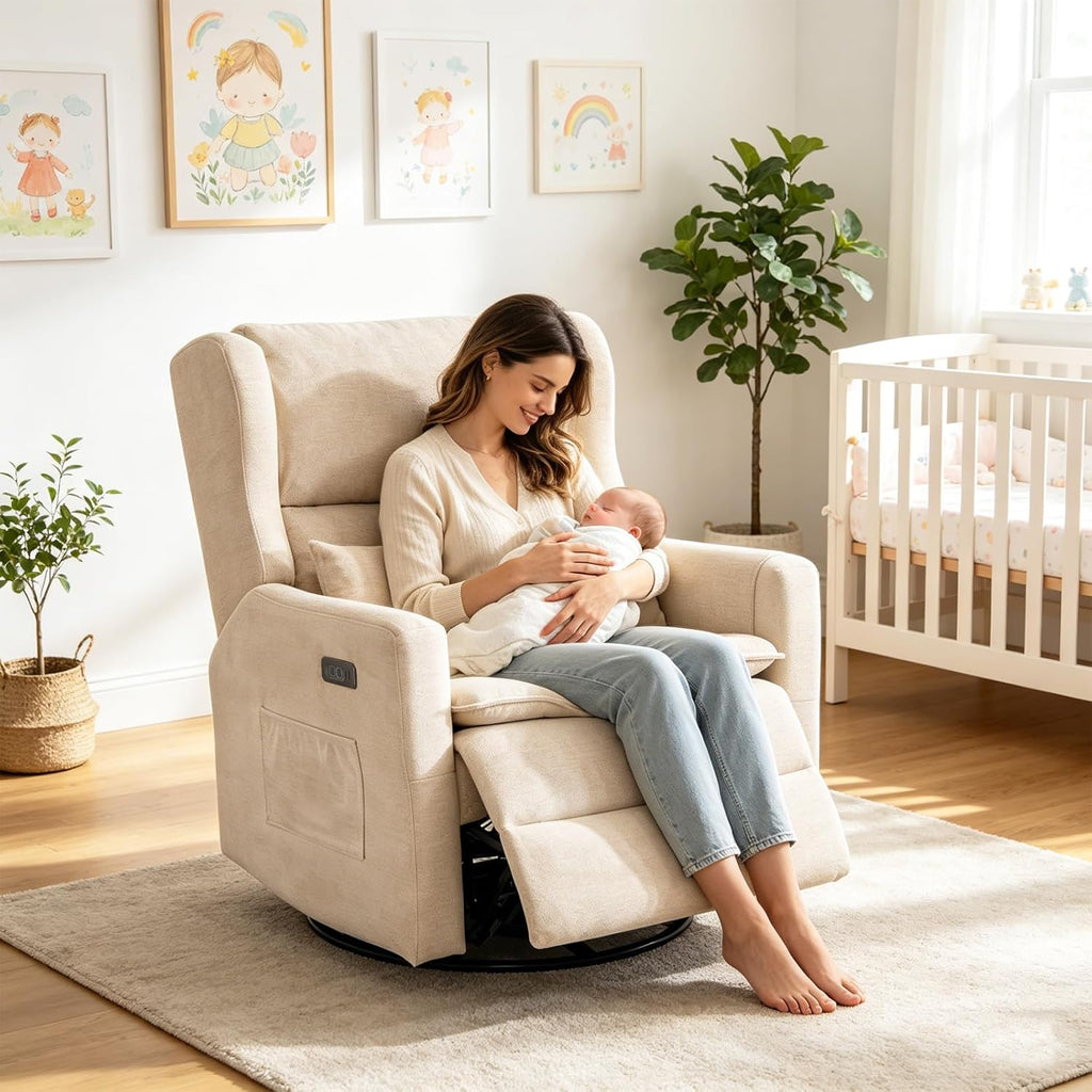 Swivel Rocker Recliner with Overstuffed Lumbar Support,Oversized Rocking Chair Nursery with Adjustable Headrest,Power Recliner Nursery Chair for Living Room,Beige