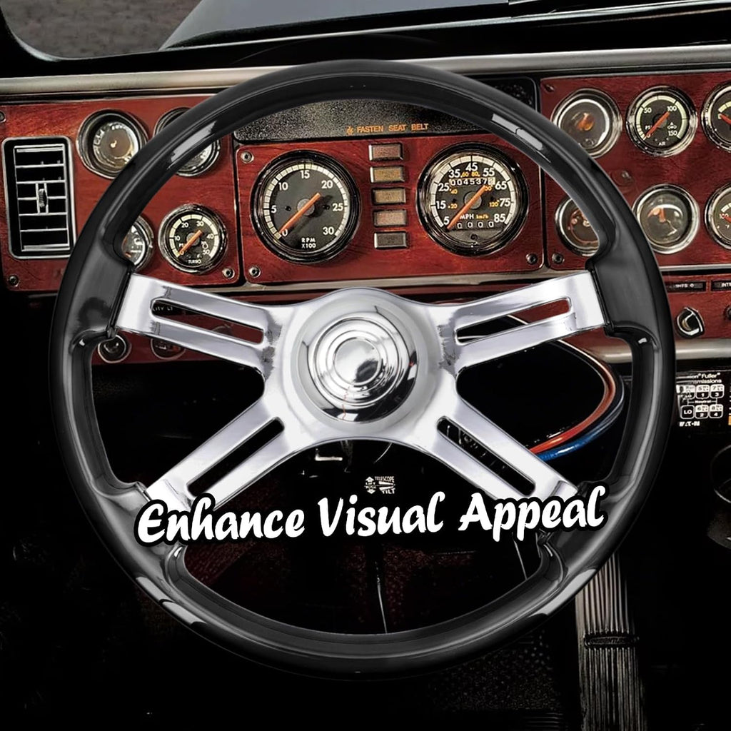 Sorghum 18' Solid Wood Steering Wheel - 4 Spokes Aluminum Chrome Classic Steering Wheel with Horn Button for Semi-Trailers Trucks Compatible with Mack Kenworth Peterbilt Volvo Freightliner-Black