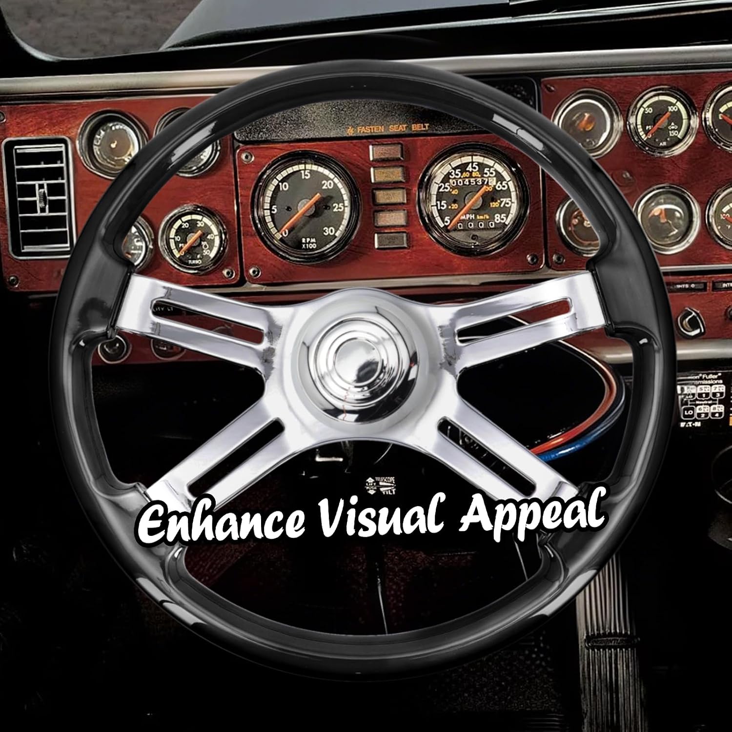 Sorghum 18' Solid Wood Steering Wheel - 4 Spokes Aluminum Chrome Classic Steering Wheel with Horn Button for Semi-Trailers Trucks Compatible with Mack Kenworth Peterbilt Volvo Freightliner-Black