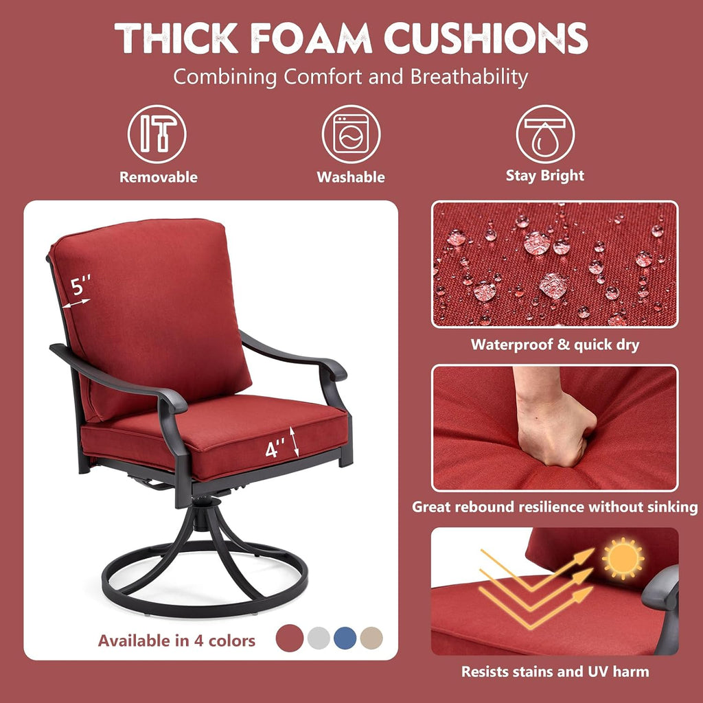 MELLCOM Patio Swivel Chair Set of 4, Heavy Duty Outdoor Dining Chairs with Thickened Cushions, Metal Patio Chairs Gentle Rocker for Outside, Garden Lawn & Porch, Backyard, Red