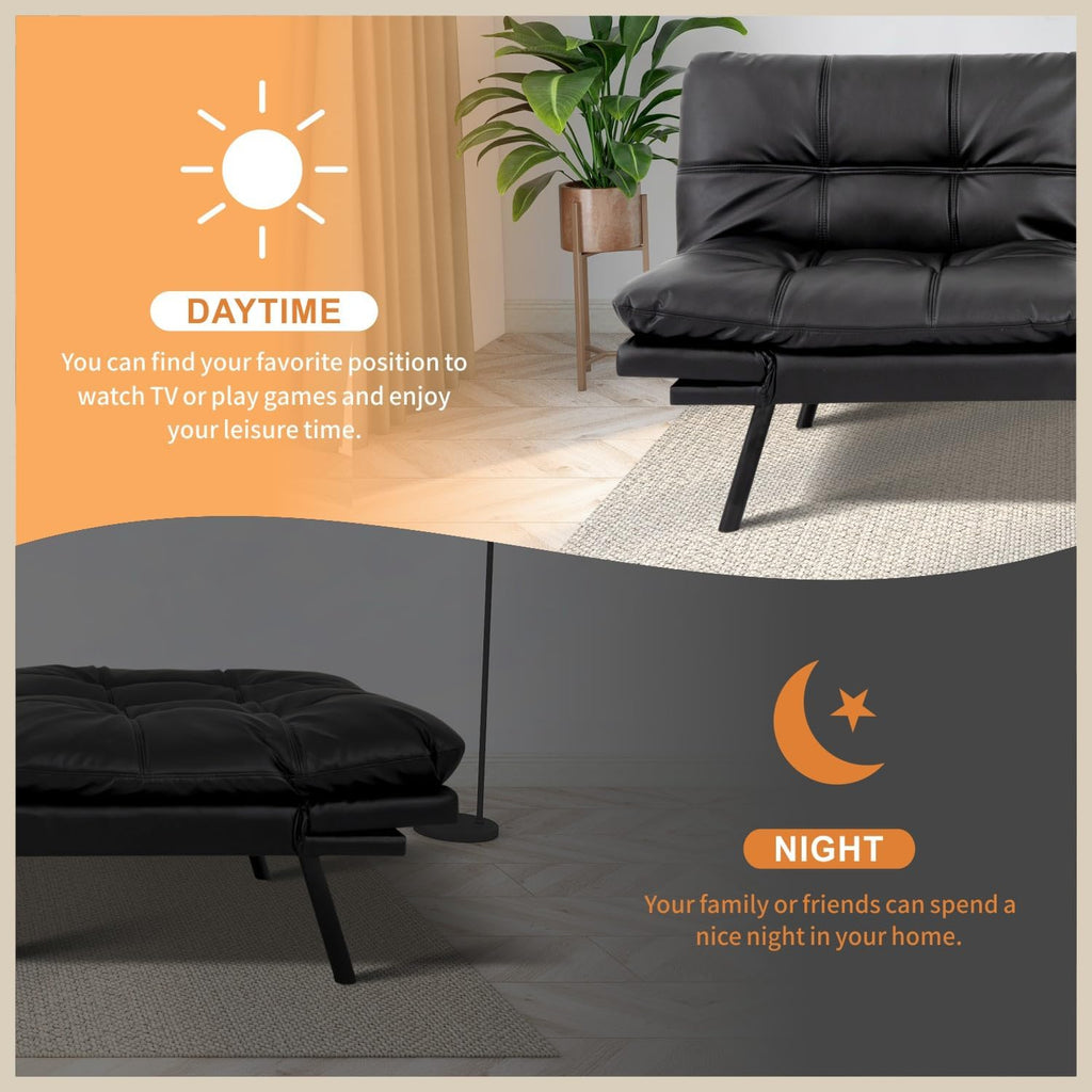 MUUEGM 71' Futon Sofa Bed, Modern Convertible Loveseat Sleeper, Faux Leather Couch with Adjustable Back & Arms for Small Spaces, Office & Apartment - Flat Black