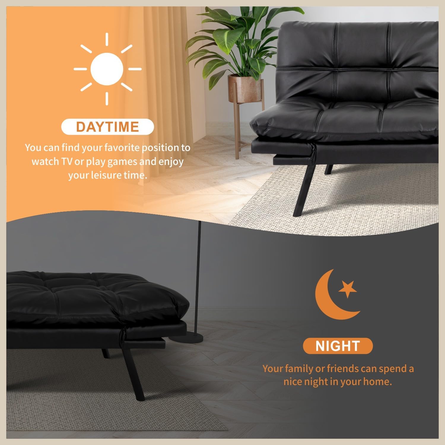 MUUEGM 71' Futon Sofa Bed, Modern Convertible Loveseat Sleeper, Faux Leather Couch with Adjustable Back & Arms for Small Spaces, Office & Apartment - Flat Black