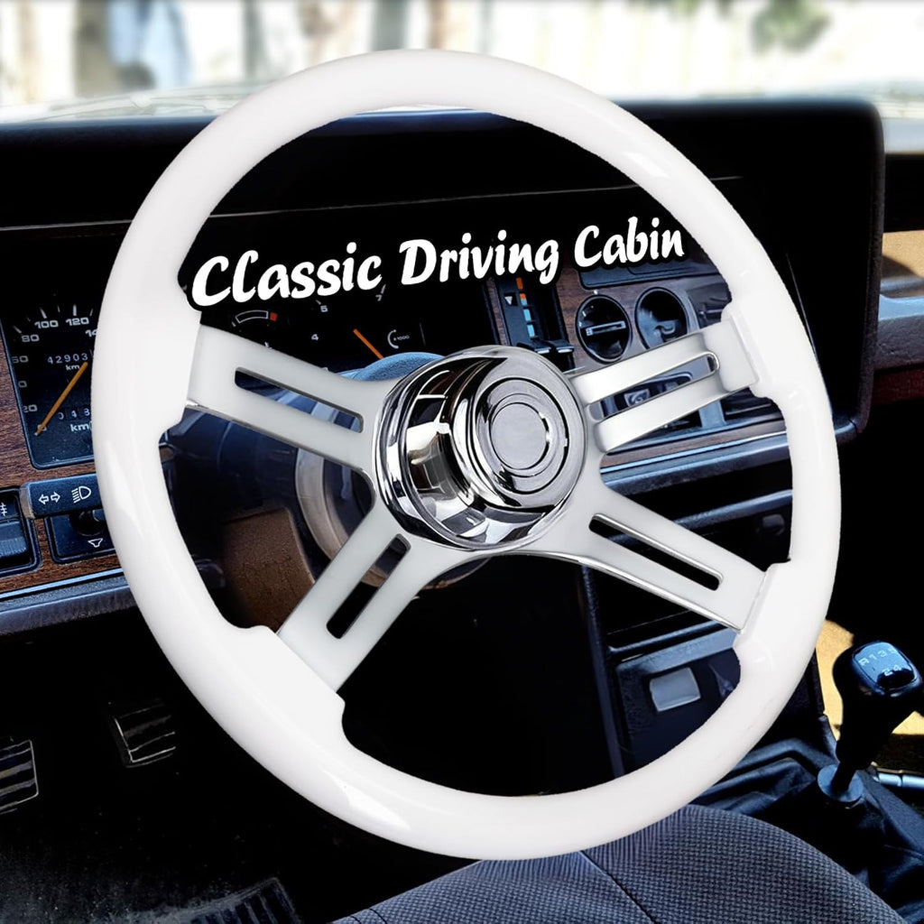 Sorghum 18' Solid Wood Steering Wheel - 4 Spokes Aluminum Chrome Classic Steering Wheel with Horn Button for Semi-Trailers Trucks Compatible with Mack Kenworth Peterbilt Volvo Freightliner-White