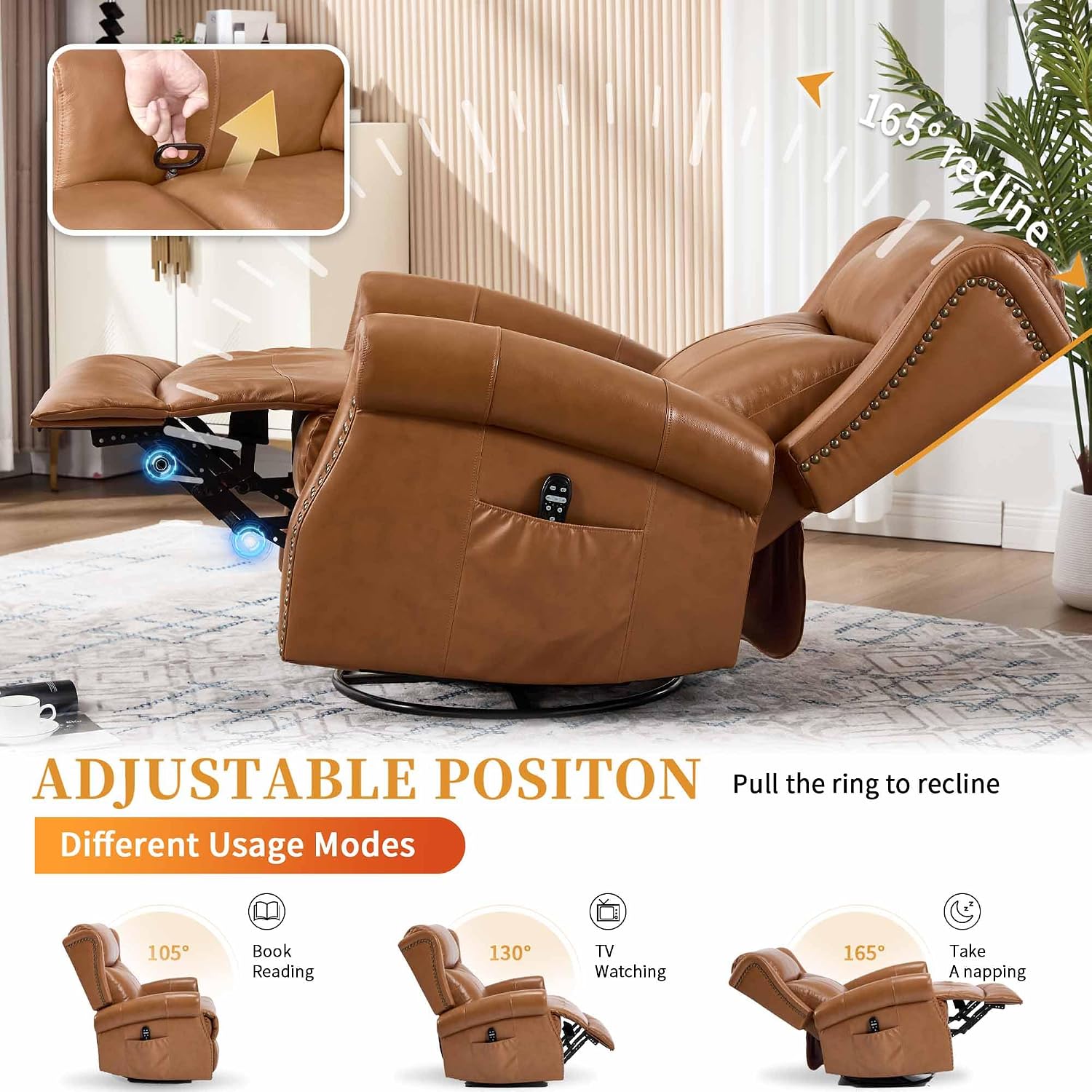 360° Swivel Glider Chair for Nursery, Wingback Genuine Leather Rocking Recliner with Lumbar Heat & Massage, 8-Point Vibration Massage for Living Room Bedroom