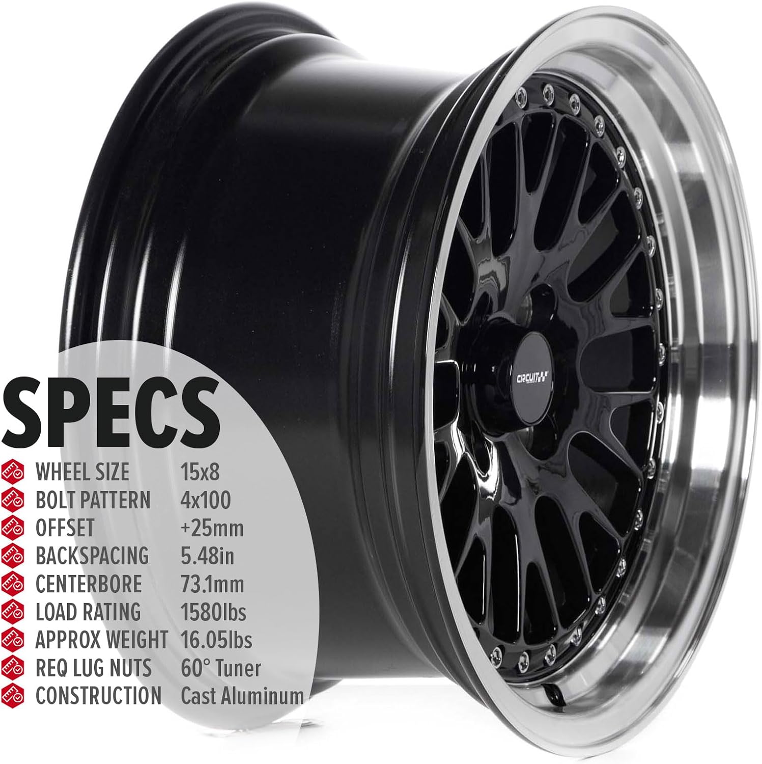 Circuit Performance CP21 15×8 Gloss Black/Machined Lip Wheel 4×100 [+25mm] compatible with Honda Civic EK EG, Acura Integra, BMW E30, Mazda Miata