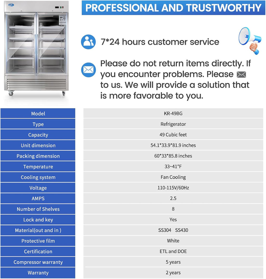 49 Cu.Ft Commercial Beverage Refrigerator, Glass Door Drink Fridge with LED Light, 8 Adjustable Shelves, Lockable Upright Merchandiser for Restaurant, Supermarket, Gym, Cafe