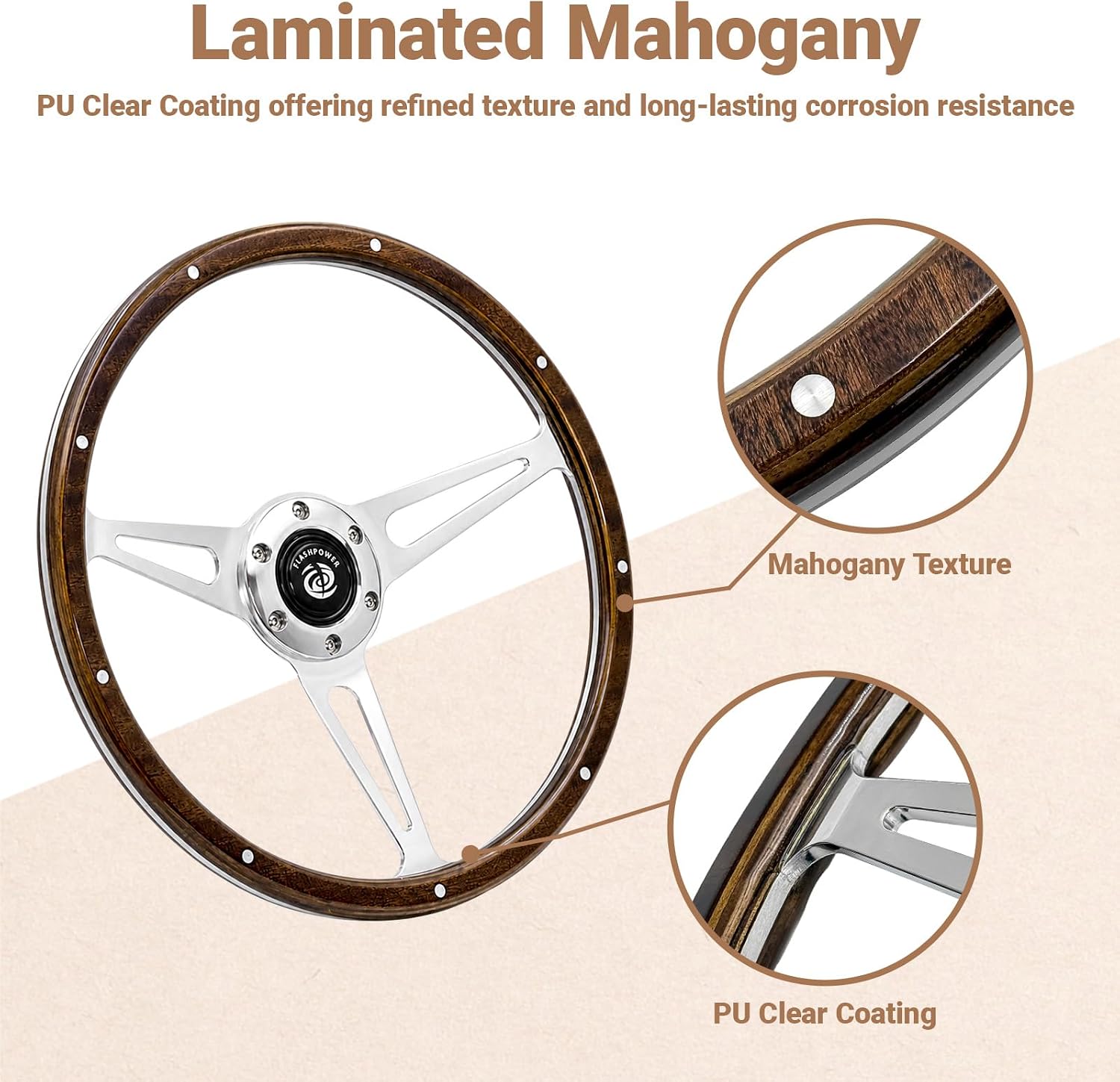 14'' Classic Riveted wooden steering wheel with 6 bolt and Horn Button