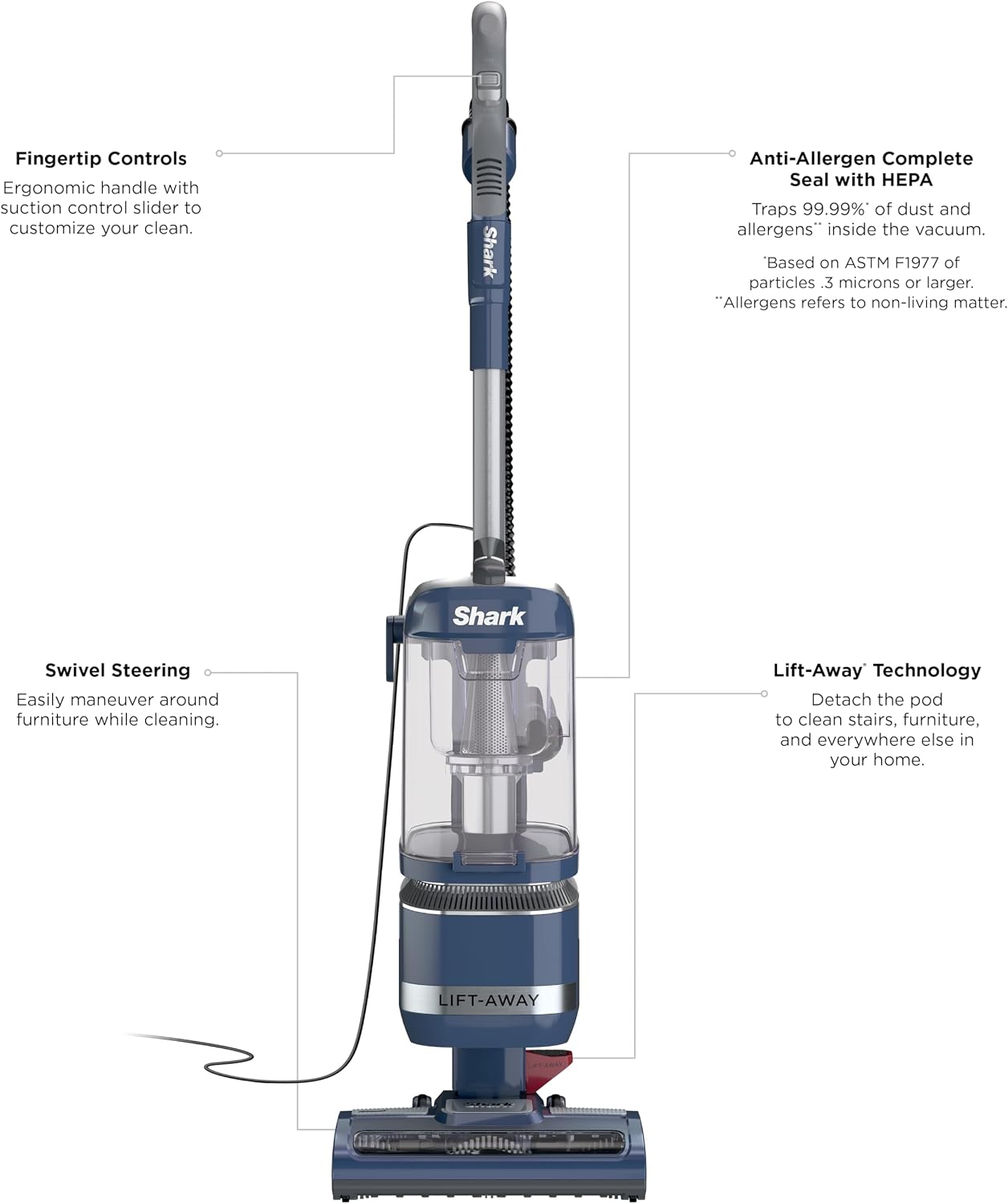 Shark Navigator Lift-Away ADV Upright Vacuum with HEPA Filter, Powerful Pet Hair Pickup, Advanced Swivel Steering, Lightweight Versatility, For Carpets & Hard Floors, Blue Jean, LA301