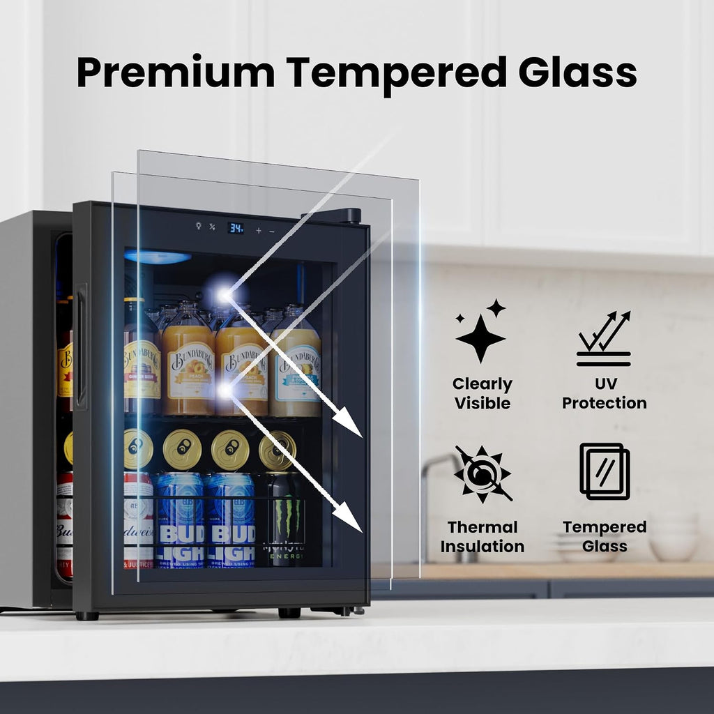 Yeego Beverage Refrigerator Cooler, 65 Cans Drink Mini Fridge with Glass Door for Soda, Beer or Wine, Beverage Cooler with Digital Temperature Control from 34°F to 54°F for Home, Office or Bar (Black)