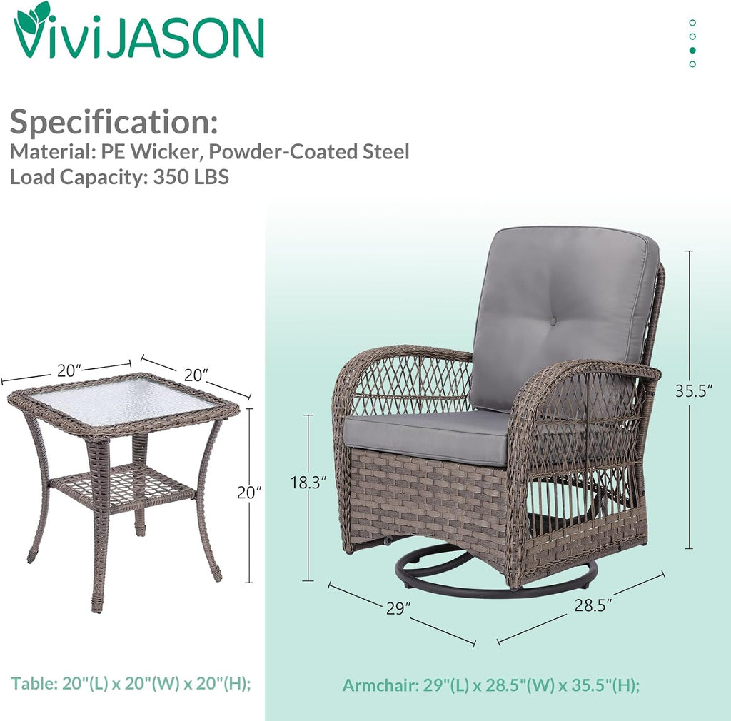VIVIJASON 3-Piece Outdoor Conversation Bistro Set, Patio Swivel Glider Rocking Chairs Rattan Furniture Sets w/ 2 Rattan Chairs, Glass Top Side Table for Porch Backyard, Gray Wicker & Gray Cushions