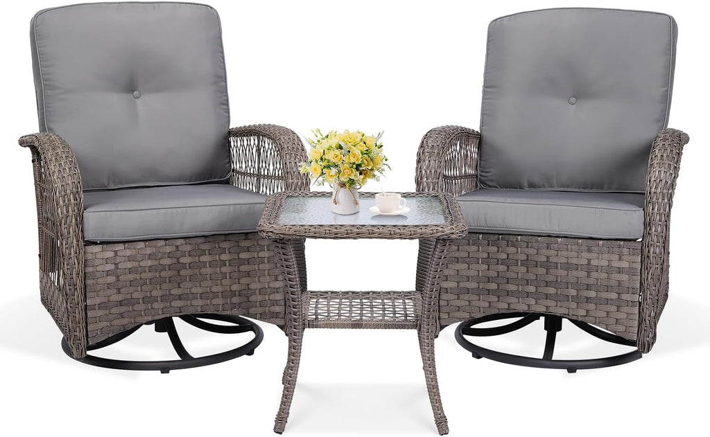 VIVIJASON 3-Piece Outdoor Conversation Bistro Set, Patio Swivel Glider Rocking Chairs Rattan Furniture Sets w/ 2 Rattan Chairs, Glass Top Side Table for Porch Backyard, Gray Wicker & Gray Cushions