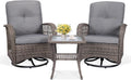 VIVIJASON 3-Piece Outdoor Conversation Bistro Set, Patio Swivel Glider Rocking Chairs Rattan Furniture Sets w/ 2 Rattan Chairs, Glass Top Side Table for Porch Backyard, Gray Wicker & Gray Cushions