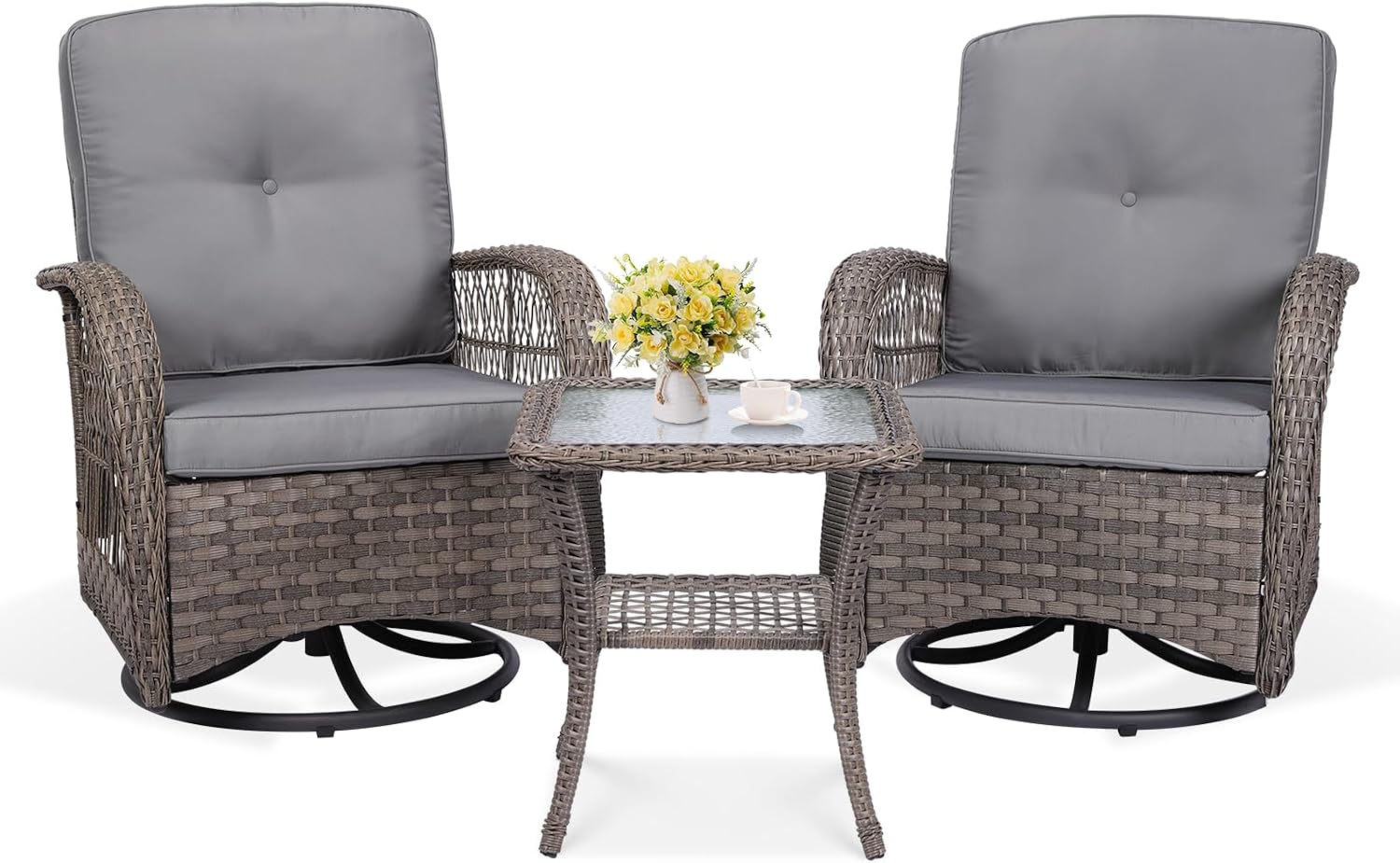 VIVIJASON 3-Piece Outdoor Conversation Bistro Set, Patio Swivel Glider Rocking Chairs Rattan Furniture Sets w/ 2 Rattan Chairs, Glass Top Side Table for Porch Backyard, Gray Wicker & Gray Cushions
