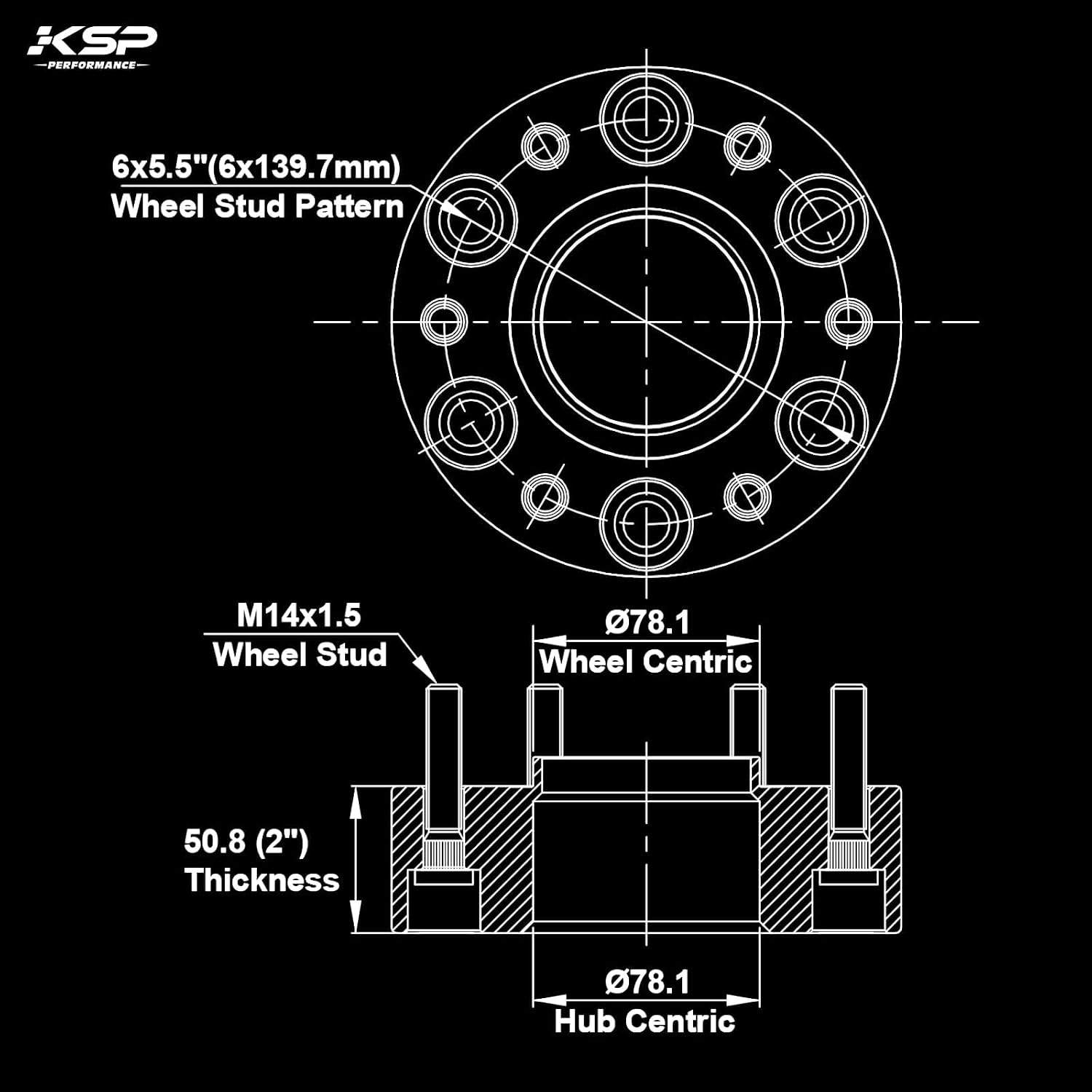KSP 6x5.5 Wheel Spacers 2 Inch for Silverado 1500 Sierra 1500, 6x139.7 M14x1.5 Studs 78.1mm Hub Bore Forged Spacer fits Yukon XL, Tahoe, Escalade Avalanche,2pcs
