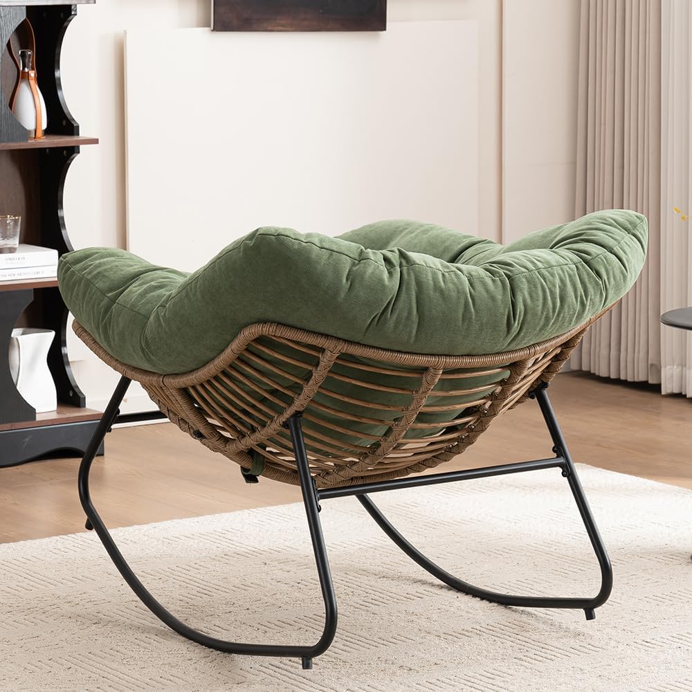 Outdoor Papasan Chair, Oversized Rocking Chair with Cushion and Metal Frame, Patio Lounge Rocking Chair for Balcony Backyard Porch Bedroom Living Room (Green)