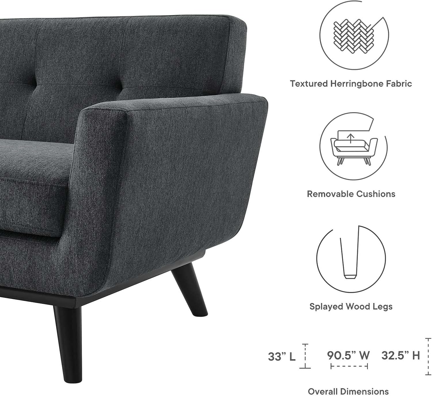 Modway Engage Mid-Century Modern Herringbone Fabric Sofa in Charcoal