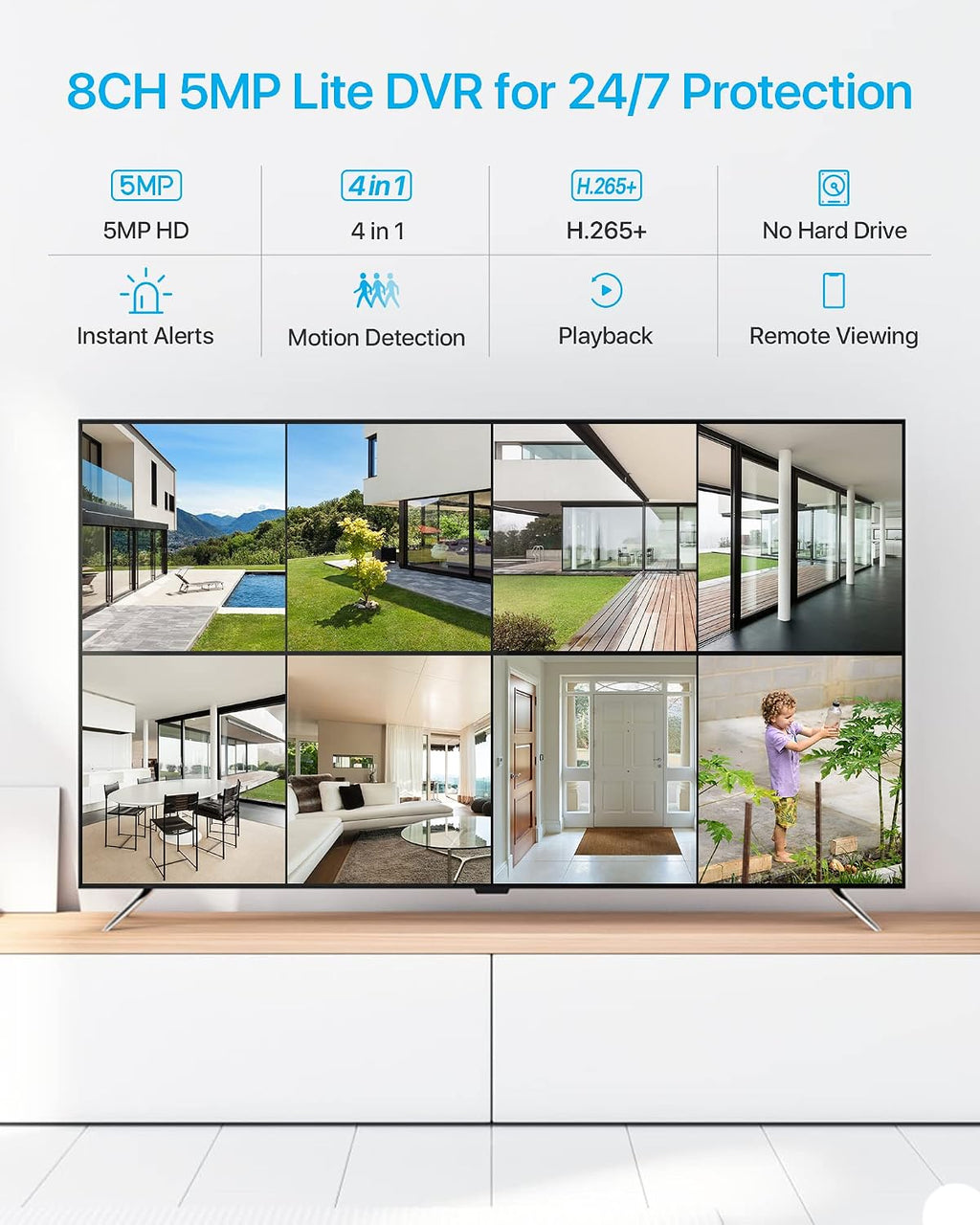 ZOSI H.265+ 8CH 1080p Home Security Camera System Indoor Outdoor, 5MP 8 Channel Lite CCTV DVR, 8 x 1080p Weatherproof Surveillance Bullet Dome Camera, Remote Access, Motion Detection (No HDD), White