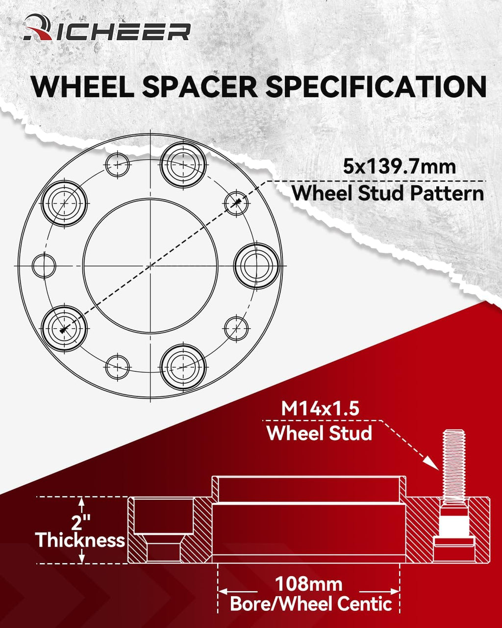 Richeer 5x5.5 Wheel Spacers for 2012-2018 Ram 1500, 4PCS 2 inch 5x139.7mm Forged Wheel Spacers, Center Bore 108mm with Studs M14X1.5 for Ram 1500