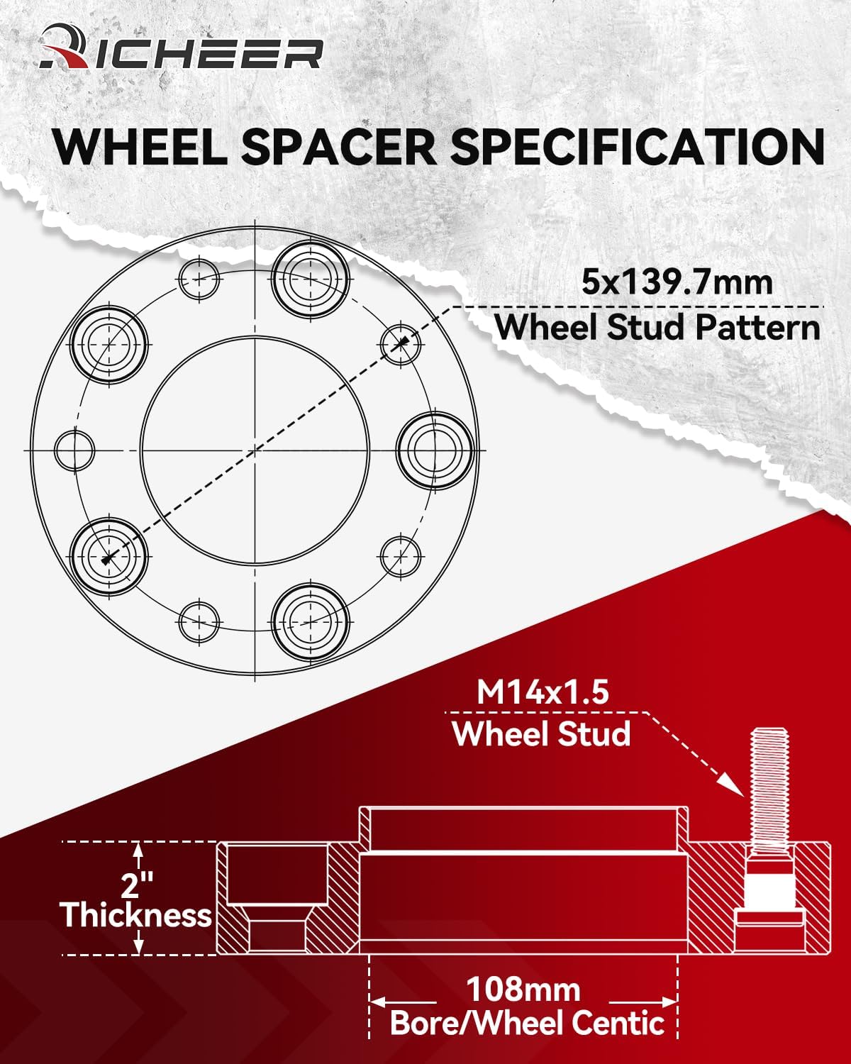Richeer 5x5.5 Wheel Spacers for 2012-2018 Ram 1500, 4PCS 2 inch 5x139.7mm Forged Wheel Spacers, Center Bore 108mm with Studs M14X1.5 for Ram 1500