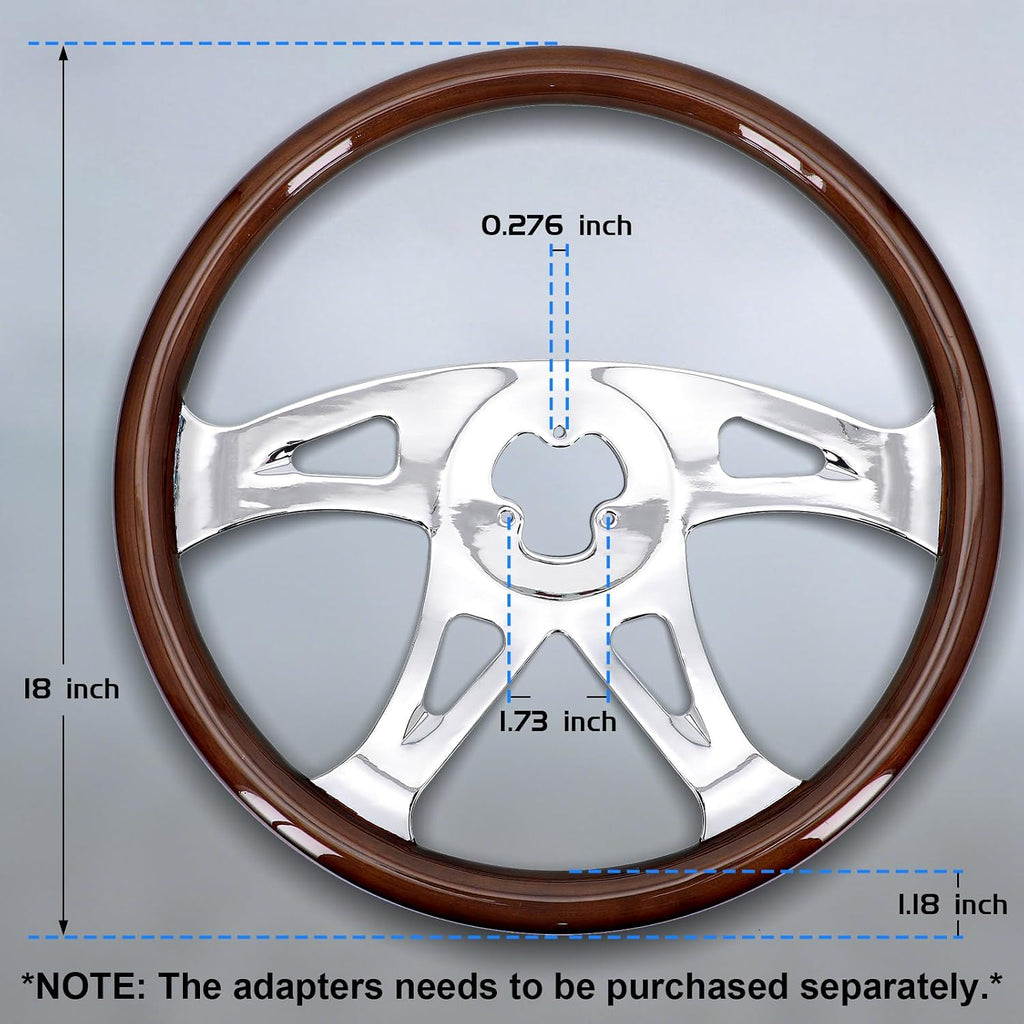 Sorghum 18' Solid Wood Steering Wheel - 4 Spokes Aluminum Chrome Classic Steering Wheel with Horn Button for Trucks Compatible with Mack Kenworth Peterbilt Volvo Freightliner-Triangle Hollow Style