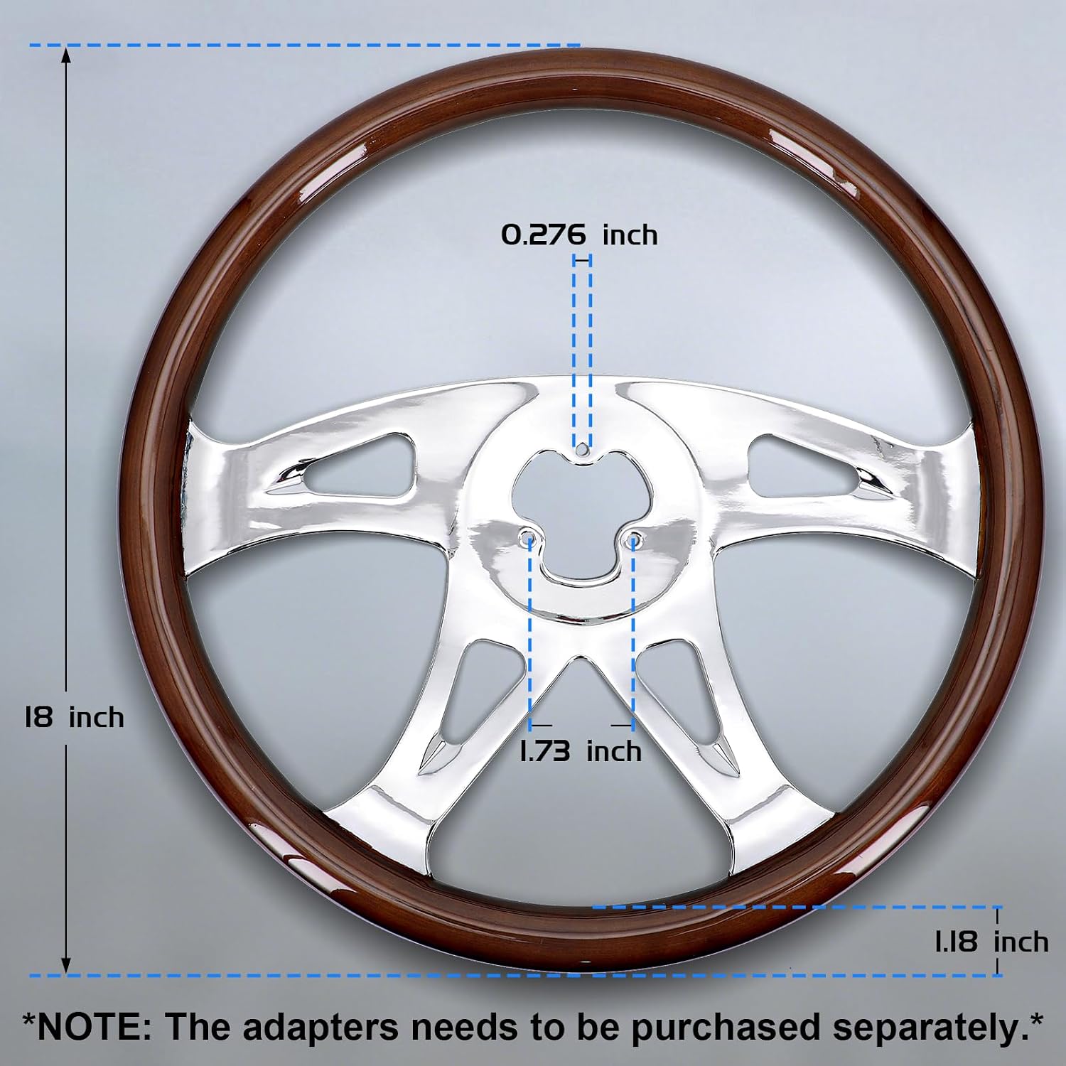 Sorghum 18' Solid Wood Steering Wheel - 4 Spokes Aluminum Chrome Classic Steering Wheel with Horn Button for Trucks Compatible with Mack Kenworth Peterbilt Volvo Freightliner-Triangle Hollow Style