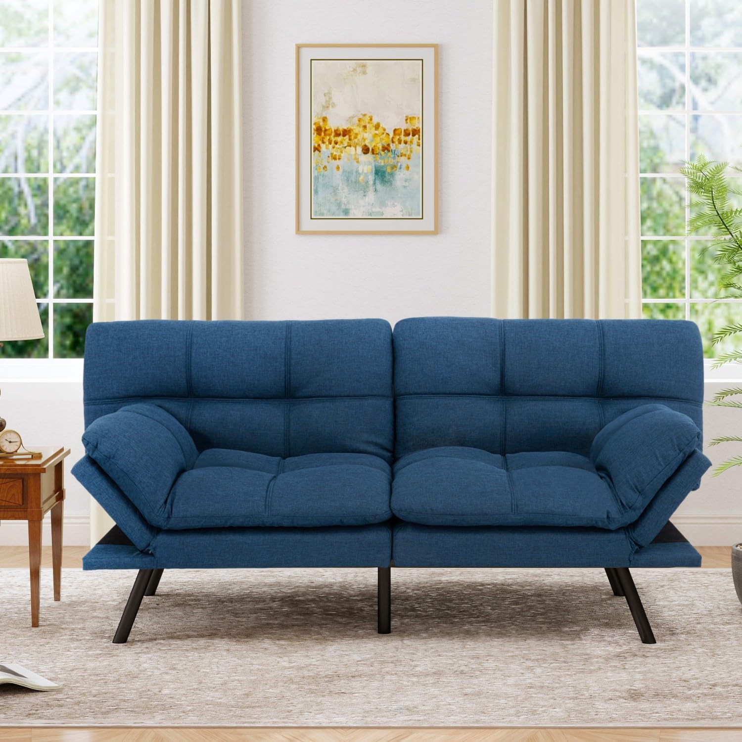 MUUEGM 71' Futon Sofa Bed, Cozy Convertible Loveseat Sleeper, Linen Fabric Couch with Adjustable Back & Arms for Living Room, Guest Room - Navy