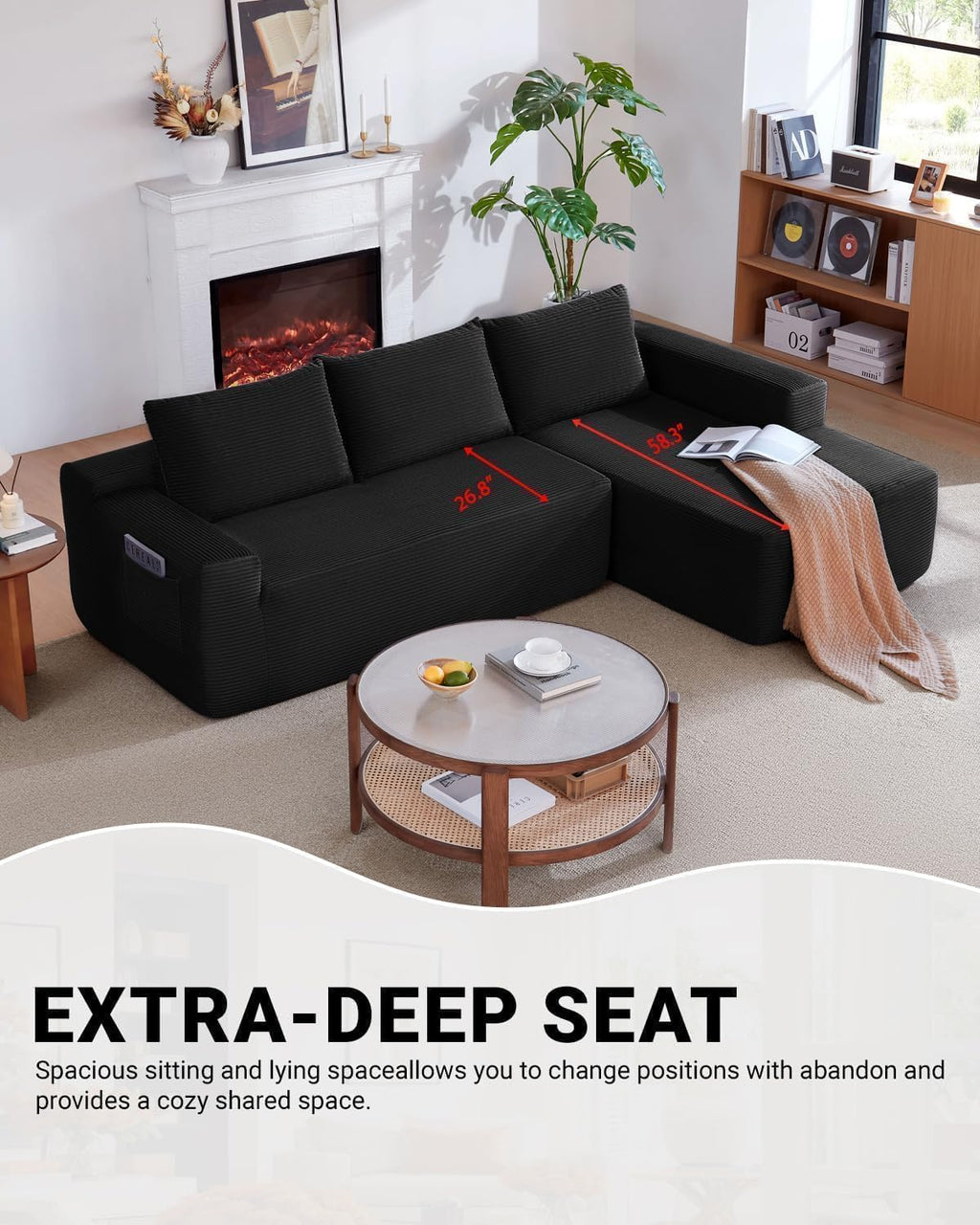 97' Cloud Couch Sectional, L Shaped Boneless Couch Sectional Couches for Living Room, Modern Comfy Corduroy Fluffy Modular Sofa with Deep Seat, No Assembly (Black, Right Facing Chaise)