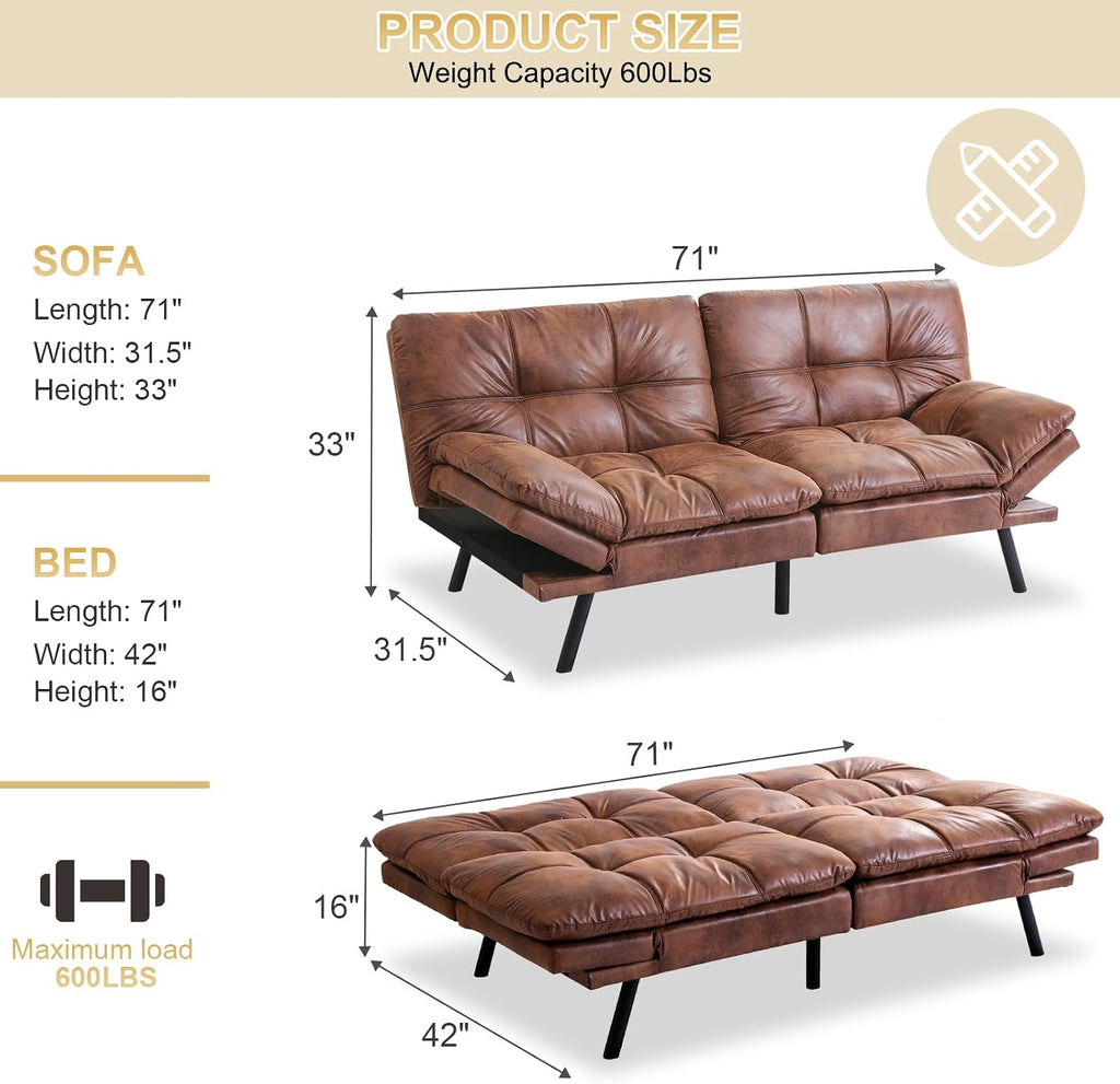 MUUEGM Futon Convertible Sofa Bed, Memory Foam Sleeper Couch,Modern Loveseat for Living Room,Adjustable Armrests Backrest Sofabed, Brown,Faux Leather.