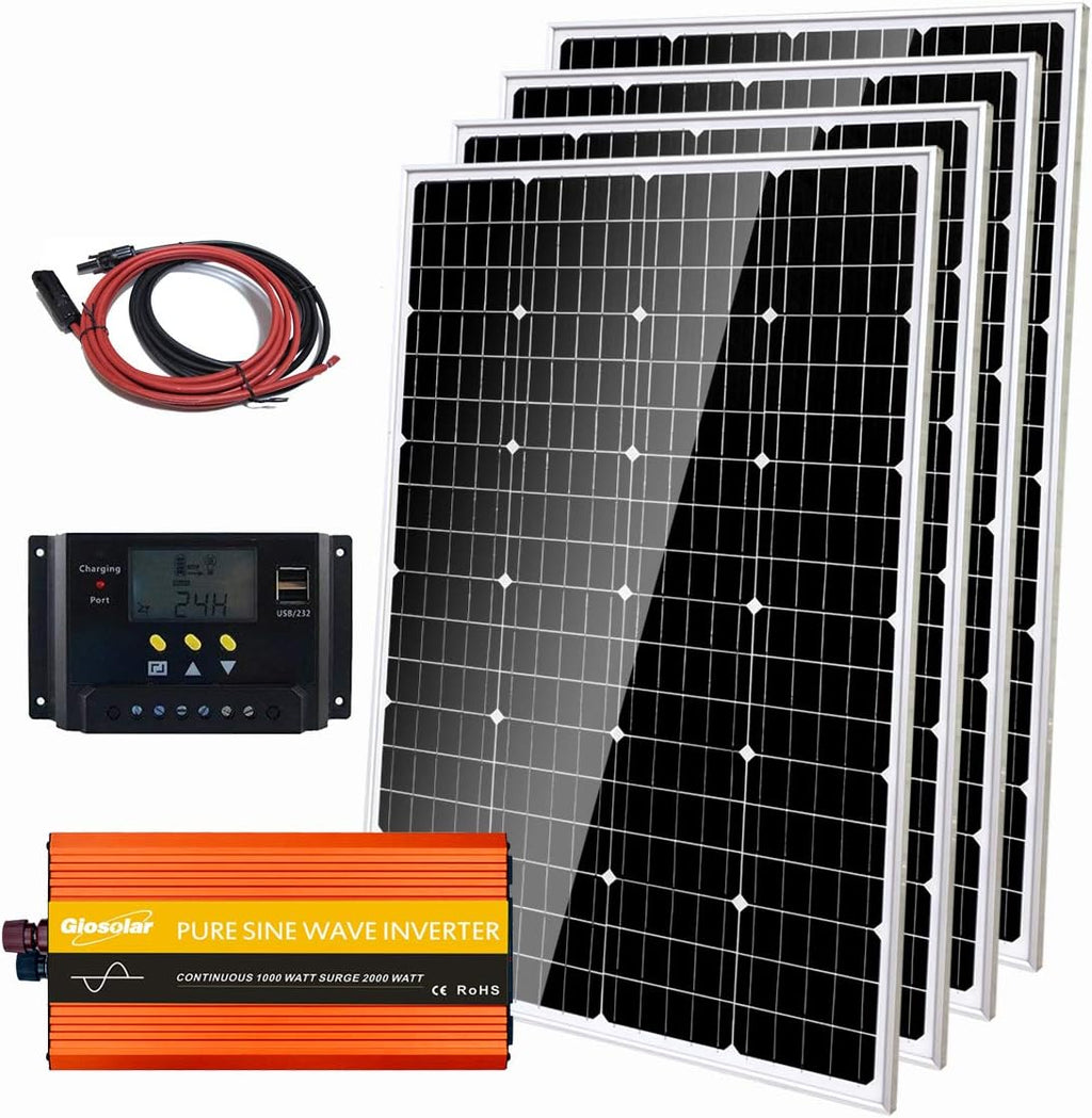 480 Watts Solar Panel Kit 48V Battery Charger with 4pcs 120W Monocrystalline Glass Solar Panels/1000W Power Inverter/PWM Charge Conroller/Cable for Camping