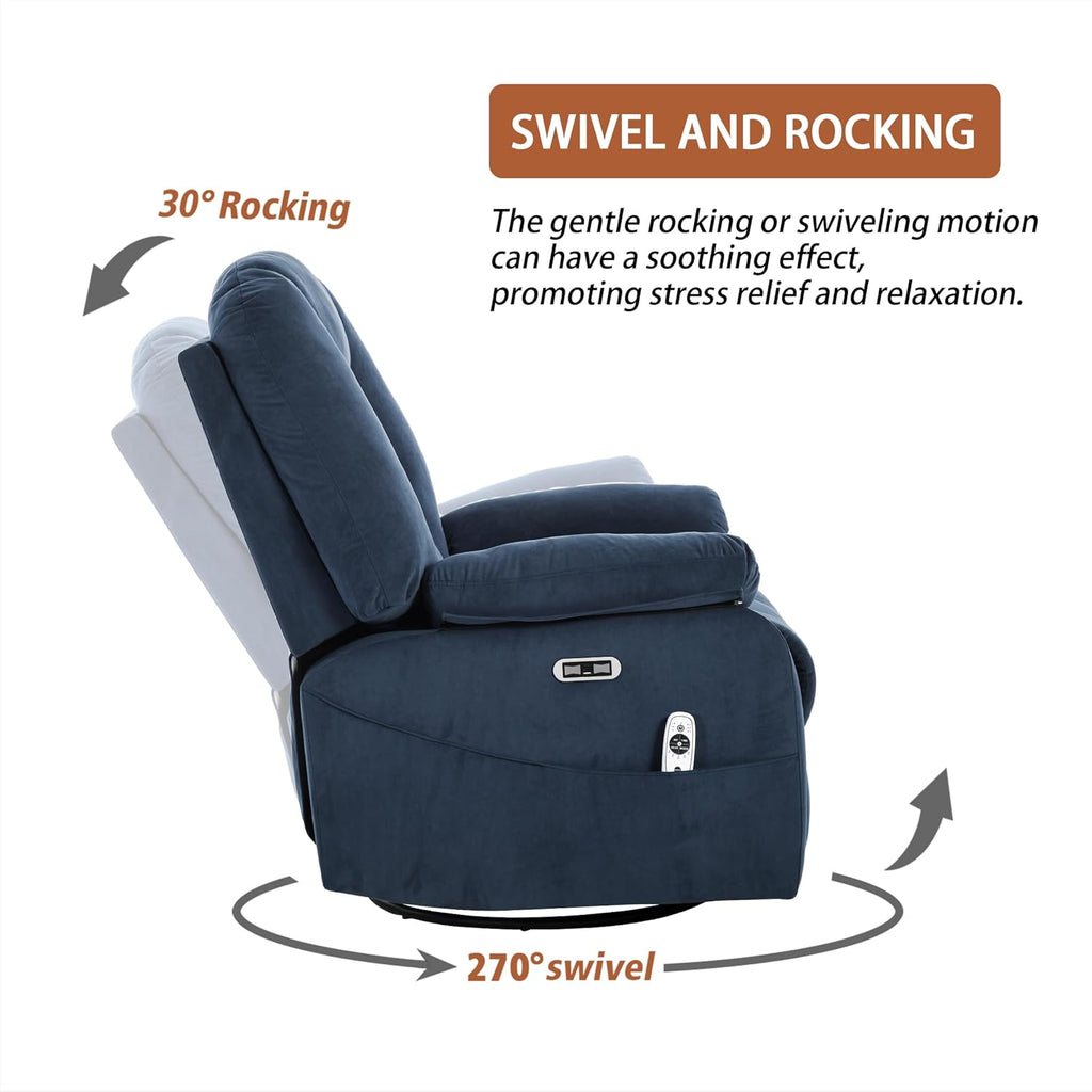 Ketaiyou Power Swivel Rocker Recliner with Massage and Heat, USB and Type-C Port, Infinite Position, Electric Glider Rocking Chairs Living Room, Soft Fabric Reclining Sofa Chair (Velvet Blue)