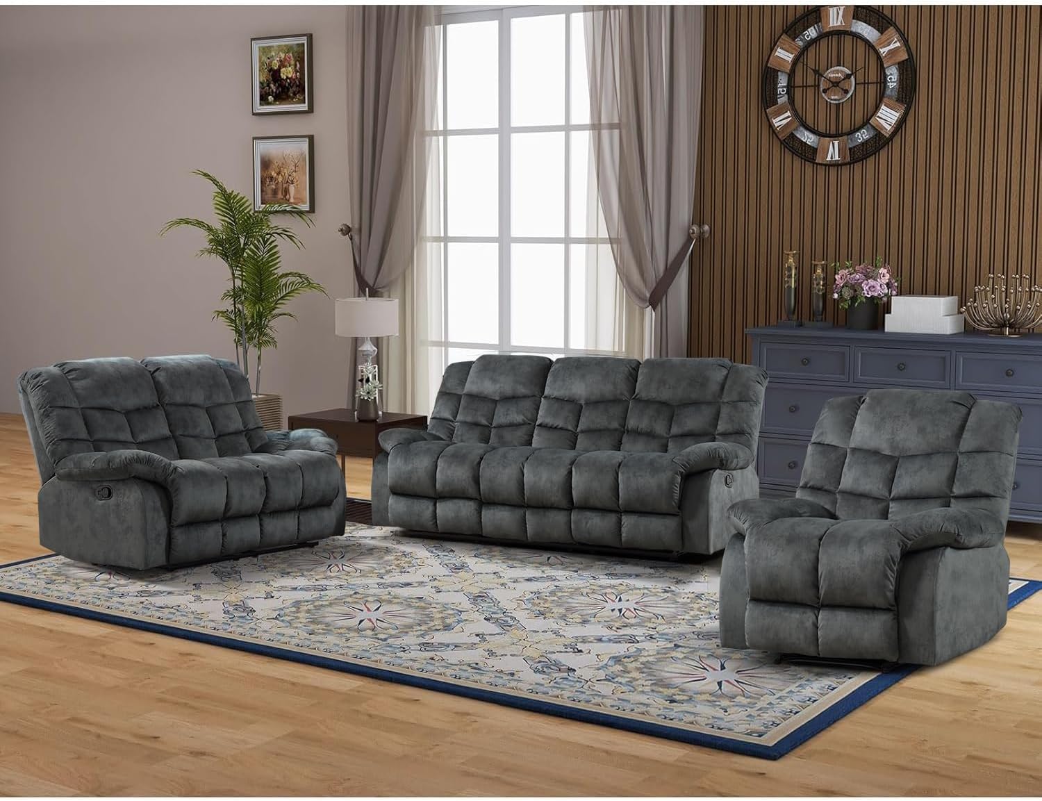 CANMOV Manual Reclining Sofa Set, 3 Pieces Recliner Sofa Set, Manual Recliner Chair, Reclining Loveseat and 3-Seat Sofa for Living Room, 3 Pieces Furniture Set, Grey (1+2+3)