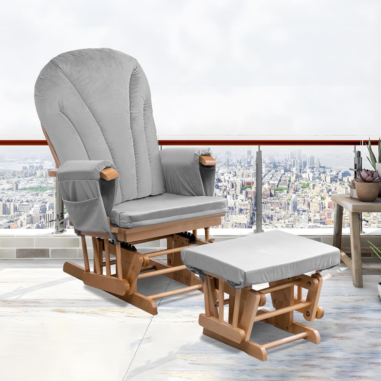 ANMINY 5pcs Glider Rocker Replacement Cushions Set Pack of 2 - Thickened Velvet Glider Rocking Chair Cushions with 29 inch High Backrest & Side Pockets for Indoor Nursery, Washable & Non Slip, Gray